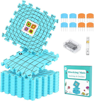 Yarniss Blocking Mats for Knitting & Crochet, 9PCS Interlocking Blocking Boards with Grids & Circle Line, 12" x 12" Crochet Blocking Board with 50 T-Pins, 8 Blocking Combs，Light Blue