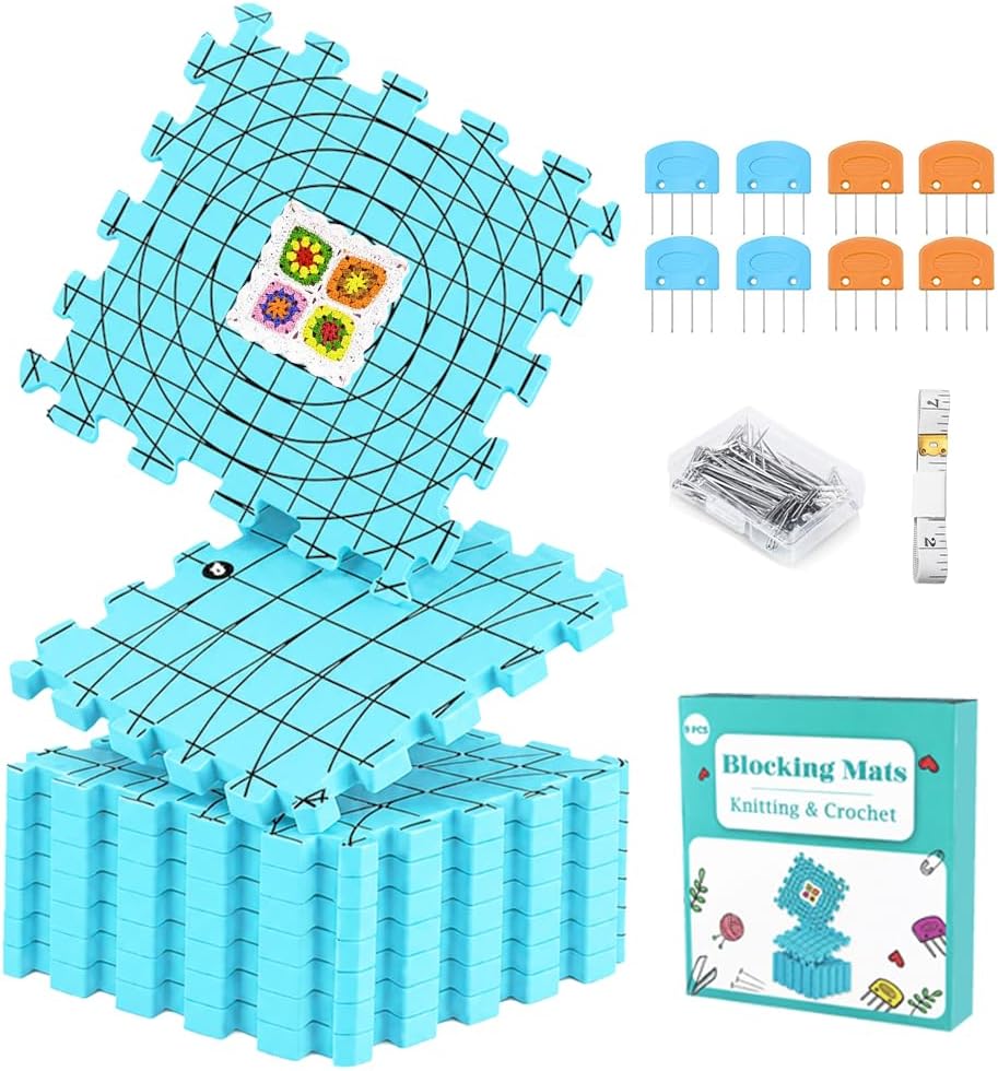 Yarniss Blocking Mats for Knitting & Crochet, 9PCS Interlocking Blocking Boards with Grids & Circle Line, 12" x 12" Crochet Blocking Board with 50 T-Pins, 8 Blocking Combs，Light Blue