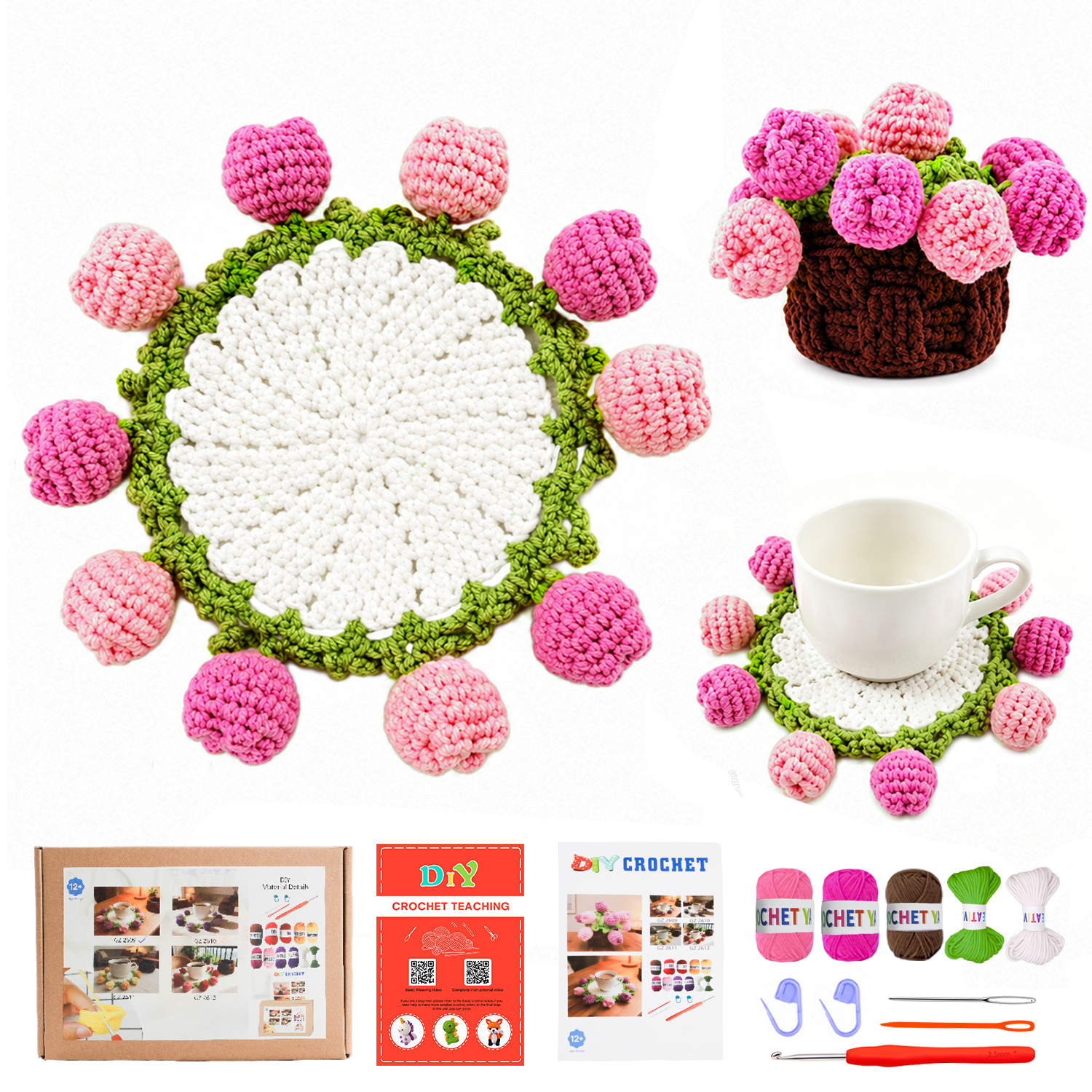 Yarniss Crochet Kit for Beginners,Crochet Coaster Starter Set,Stitch Crochet Kit Easy to Follow Video Tutorials Included