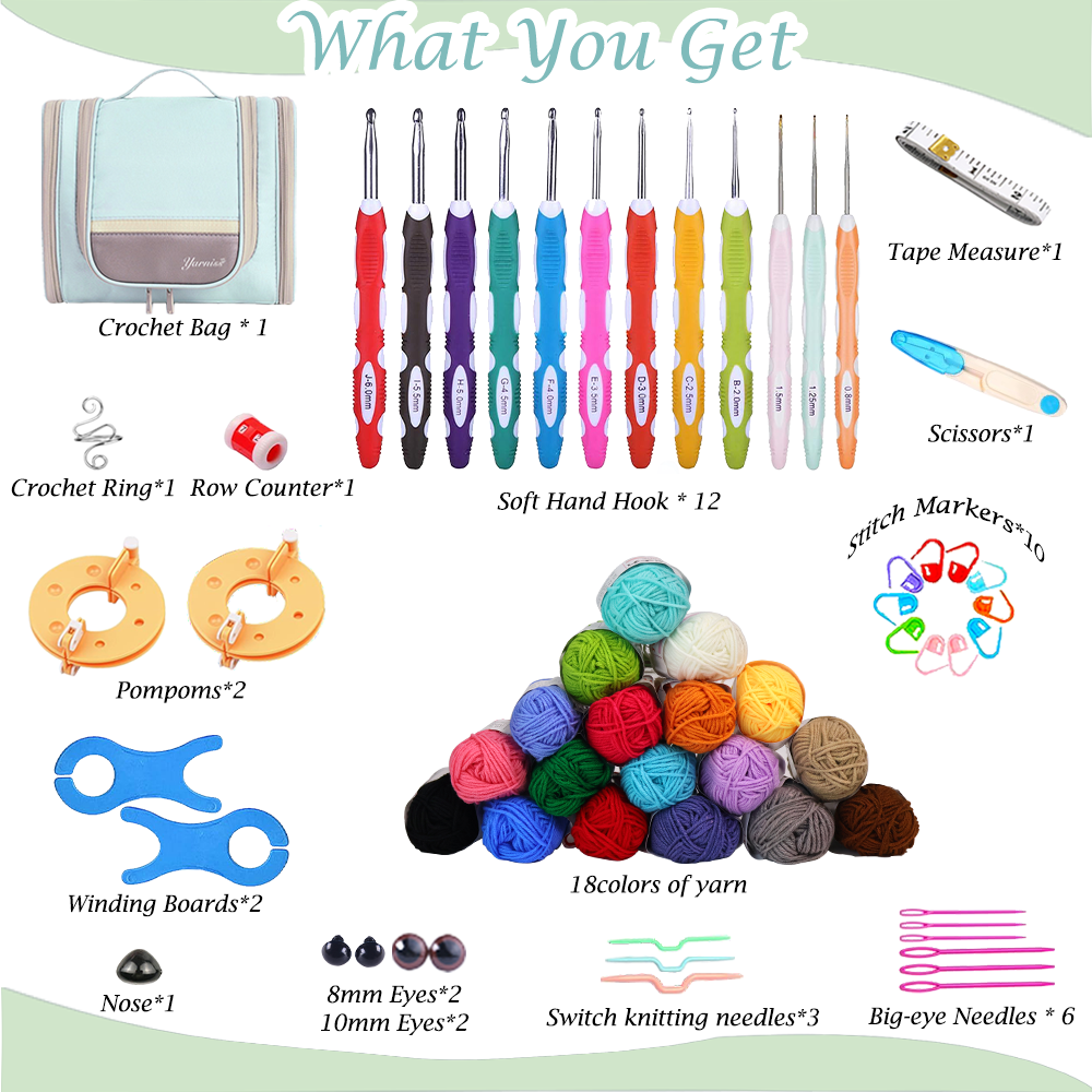 Yarniss Crochet Kits with Case, Beginner Crochet Set Includes 18 Yarn Skeins & 12 Ergonomic Crochet Hooks