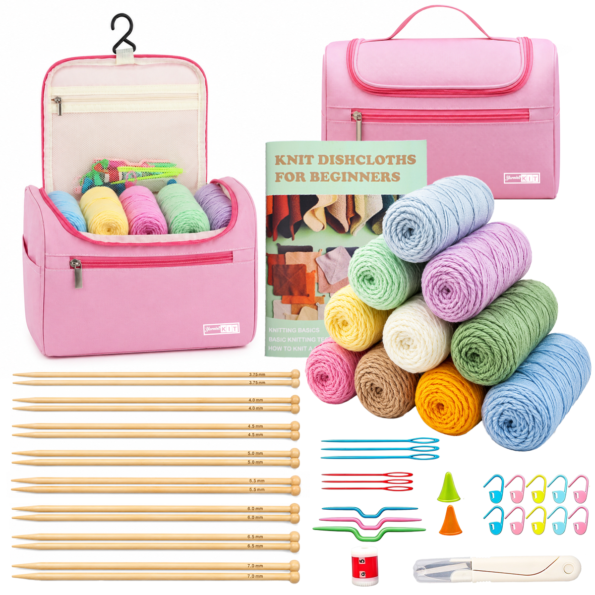 Yarniss Complete Knitting Kit for Beginners, Bamboo Knitting Needles Set 3.75mm-7mm, 10 yarn balls, Storage Case & Full Accessories, All-in-One Knitters Gift for Adults