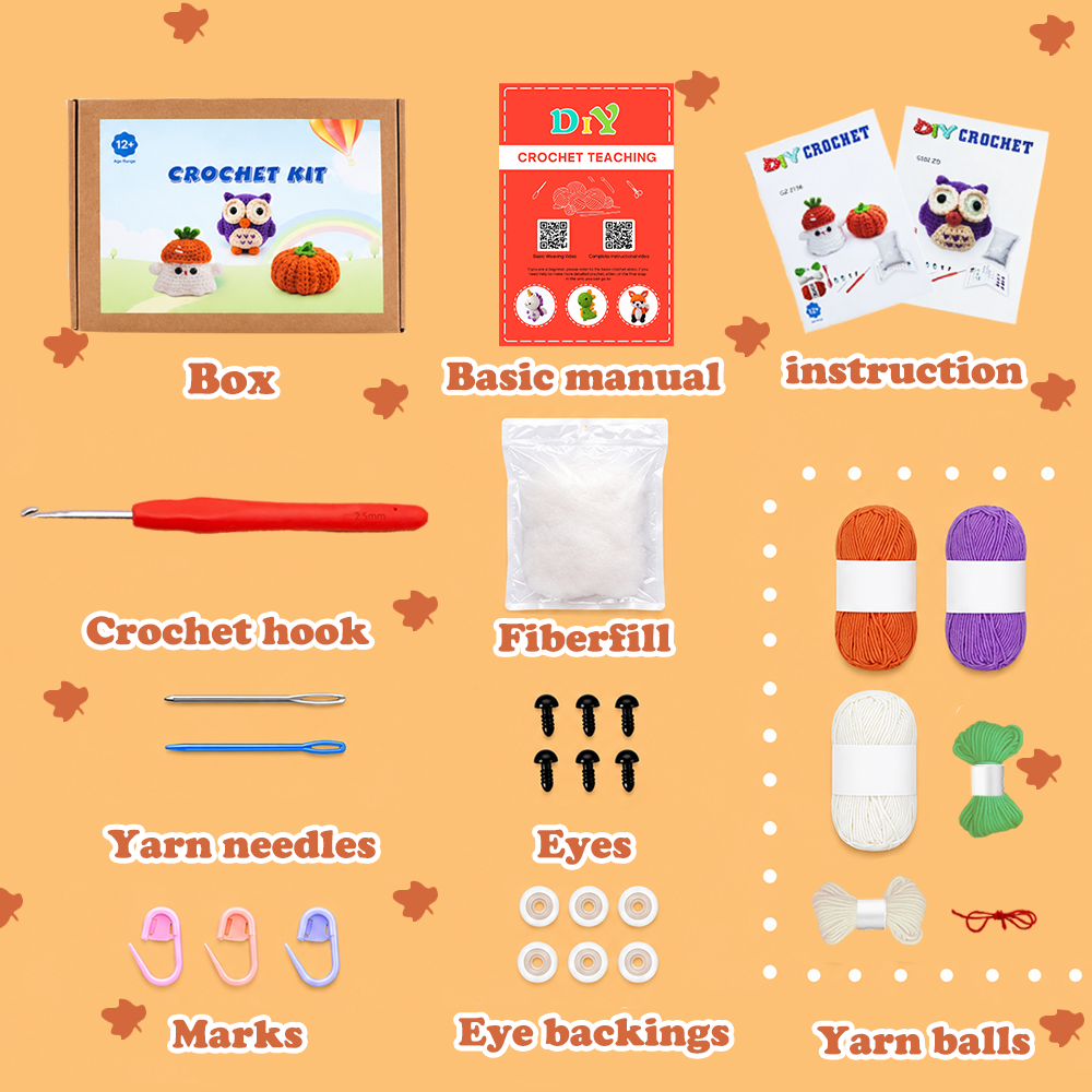 Yarniss Crochet Kit for Beginners-3 Pcs Animal Crochet Kit with Little Pumpkin, Little Ghost and Owl-Crochet Kits for Adults Beginner with Video Tutorials
