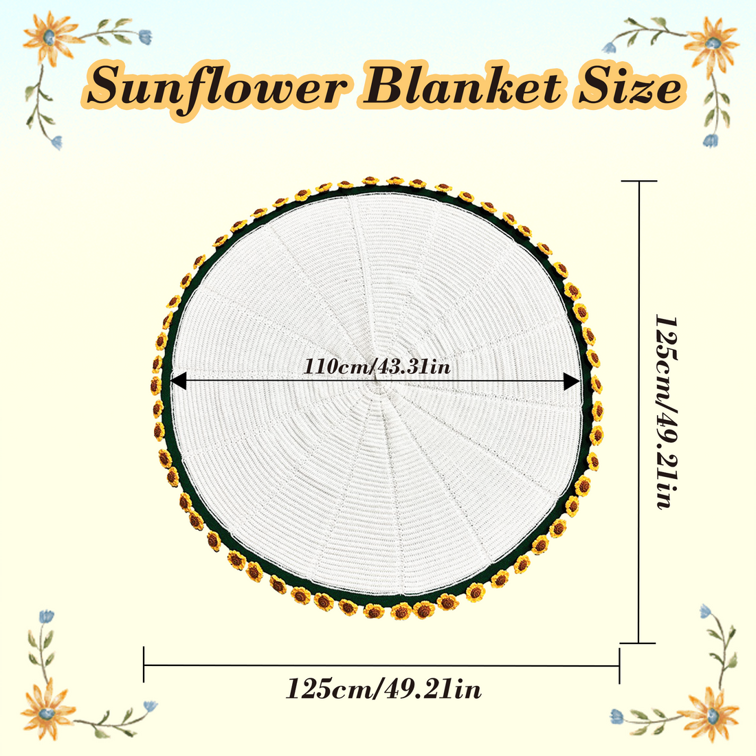 Yarniss Finished Crochet Sunflower Bouquet Blanket,49 Inch Round Sunflower Floral Knitted Gift,Hand Crocheting Blanket(52pcs Petals)