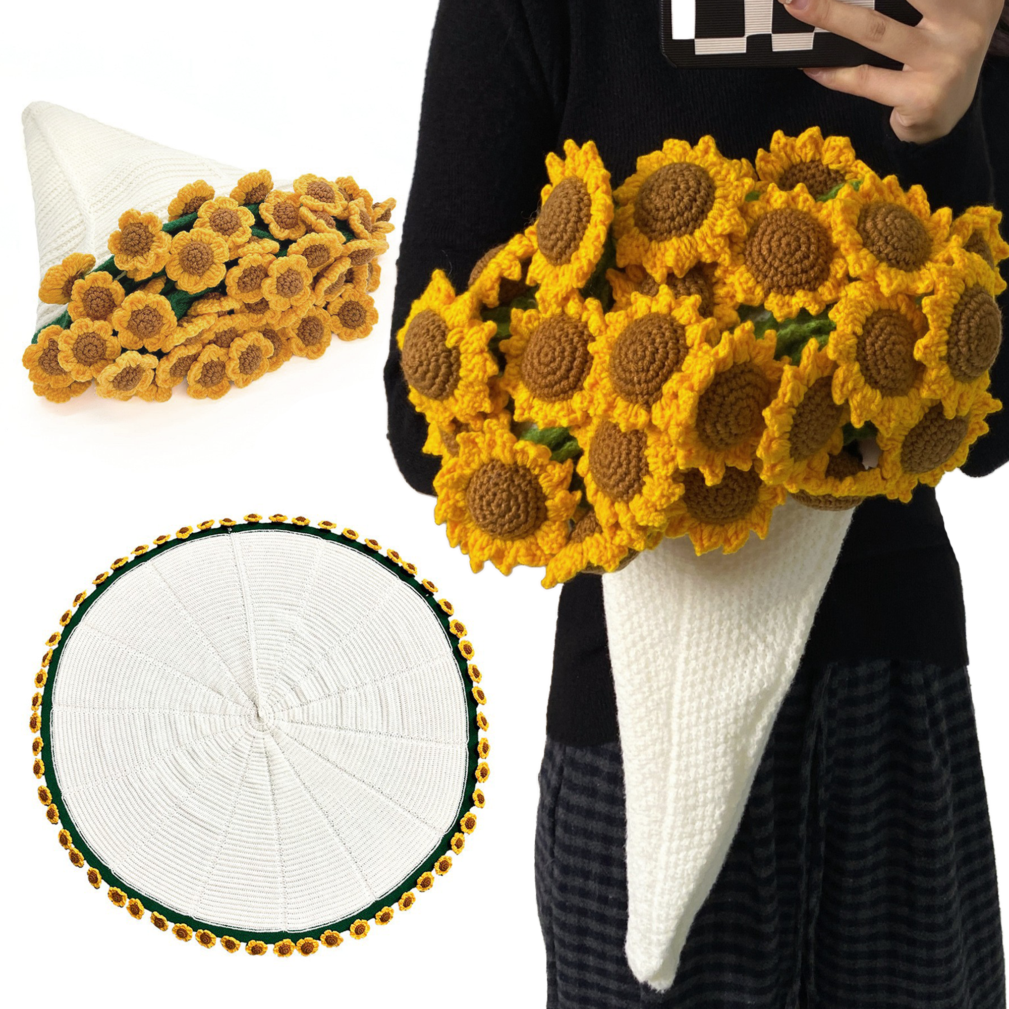 Yarniss Finished Crochet Sunflower Bouquet Blanket,49 Inch Round Sunflower Floral Knitted Gift,Hand Crocheting Blanket(52pcs Petals)