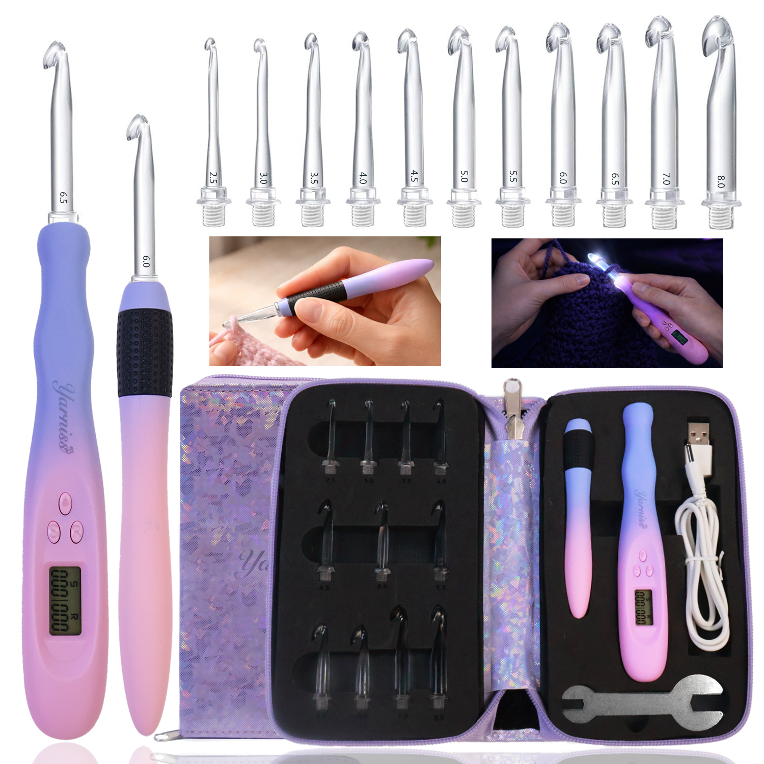 Yarniss Light Up Metal Head Crochet Hooks 2.5-6.5mm,2 Size Lighted Knitting Needles Set 4.25mm 5.0mm, Includes 2 Extra USB Rechargeable Heads with Case