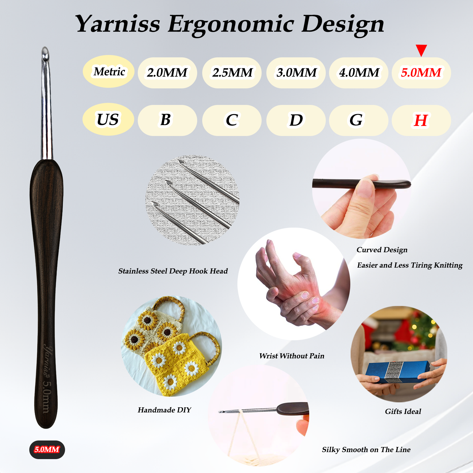 Yarniss 5 mm Ergonomic Crochet Hook, Hand-Polished Crochet Hook, Suitable for Beginners and Experienced Enthusiasts