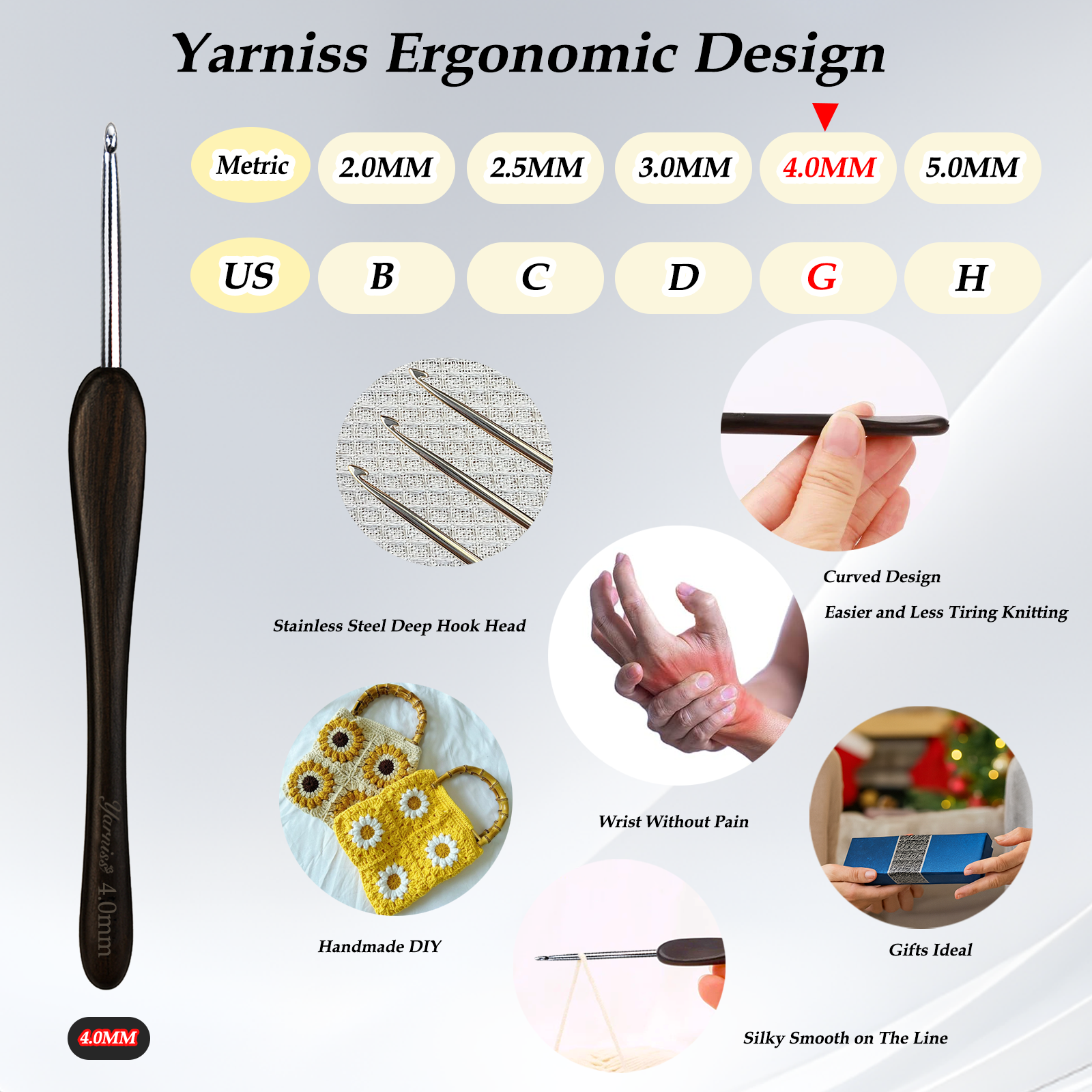 Yarniss 4 mm Ergonomic Crochet Hook, Hand-Polished Crochet Hook, Suitable for Beginners and Experienced Enthusiasts