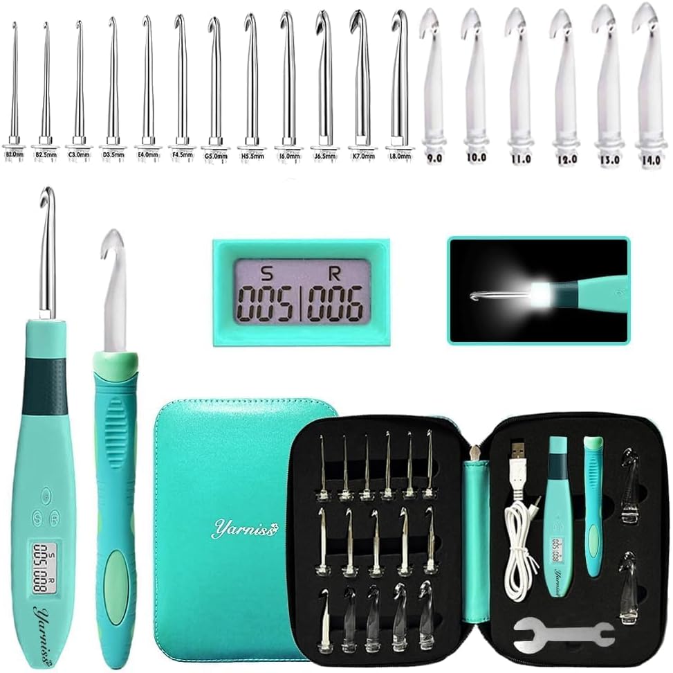 Yarniss Counting Crochet Hooks with Light, Digital Counter Crochet Hooks Set with Case (2~14mm/2.5~14mm)