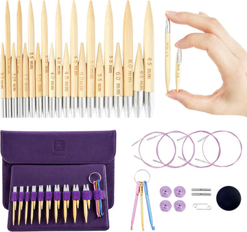 Yarniss 10 Size Shortie Circular Knitting Needles Set with Case 3.25~6.5mm,2 & 3.15 Inch Bamboo Interchange Knitting Needles with 4Pcs Flexible Cables