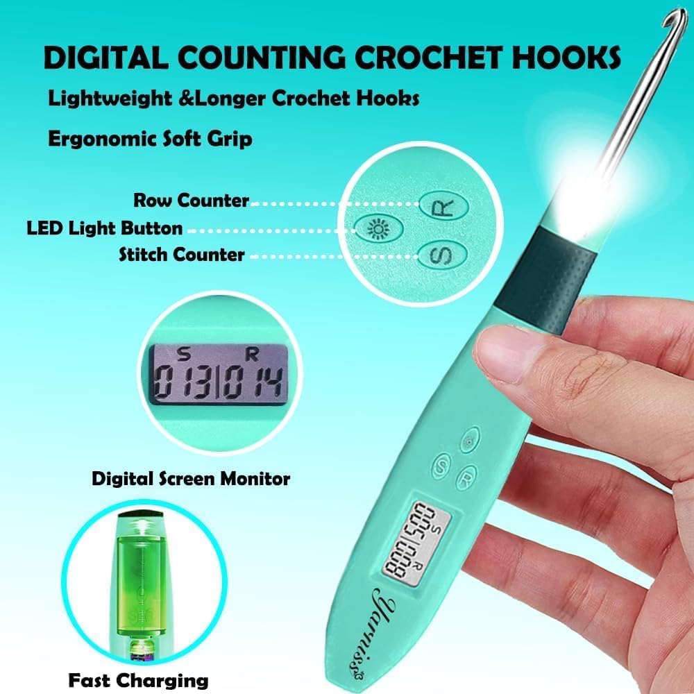 Yarniss Counting Crochet Hooks with Light, Digital Counter Crochet Hooks Set with Case (2~14mm/2.5~14mm)
