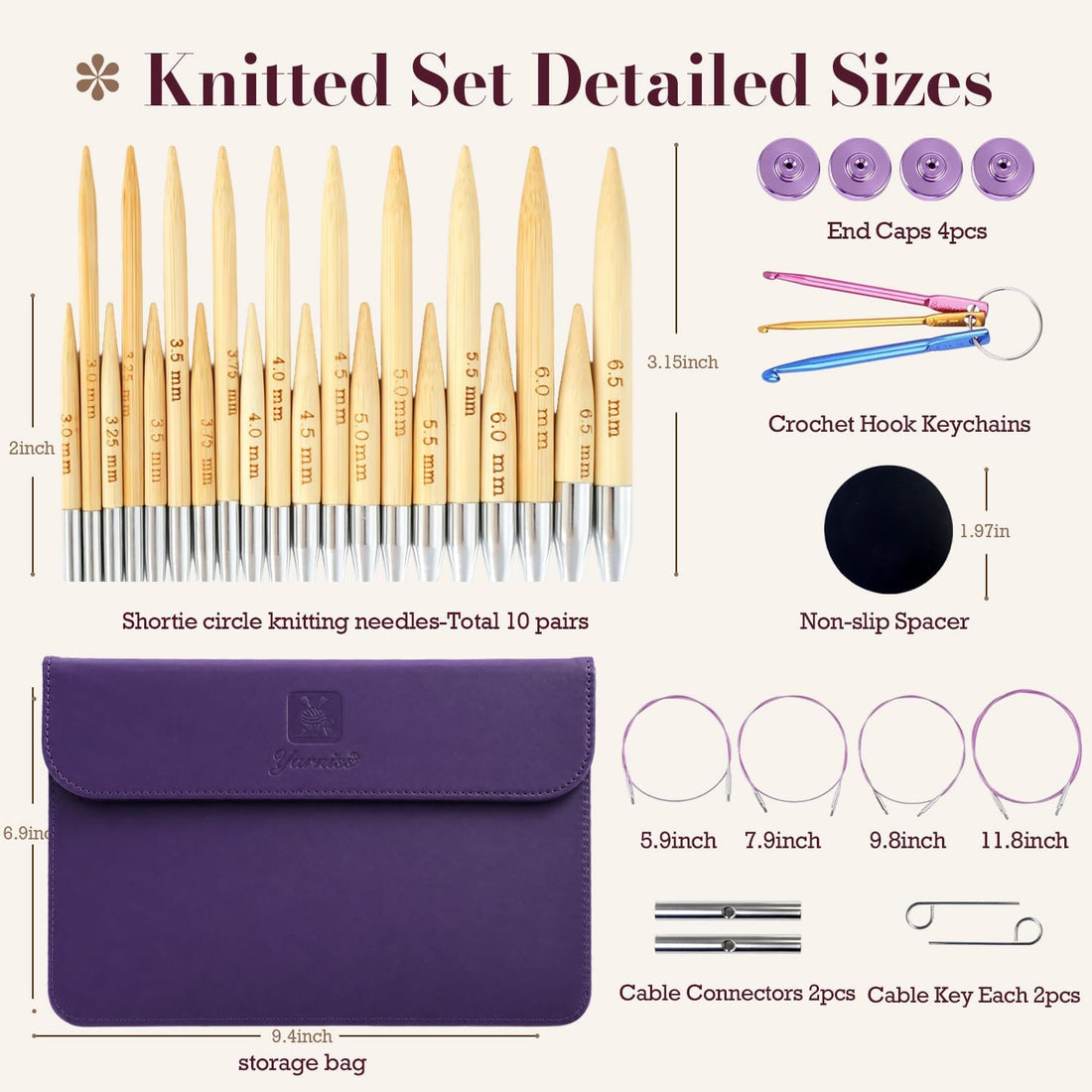 Yarniss 10 Size Shortie Circular Knitting Needles Set with Case 3.25~6.5mm,2 & 3.15 Inch Bamboo Interchange Knitting Needles with 4Pcs Flexible Cables