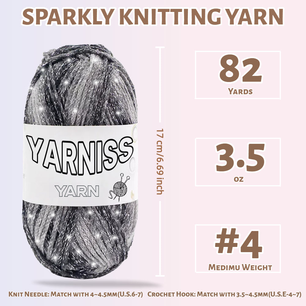 Yarniss Metallic Crochet Yarn for Knitting, 2.5mm Cotton Sparkle Yarn for Crochet Bag 3 Skeins of 100g/82yds(Black)