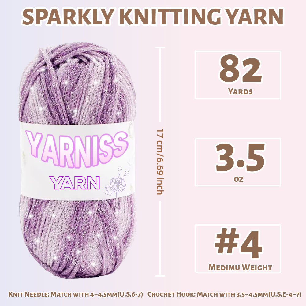 Yarniss Metallic Crochet Yarn for Knitting, 2.5mm Cotton Sparkle Yarn for Crochet Bag 3 Skeins of 100g/82yds(Purple)