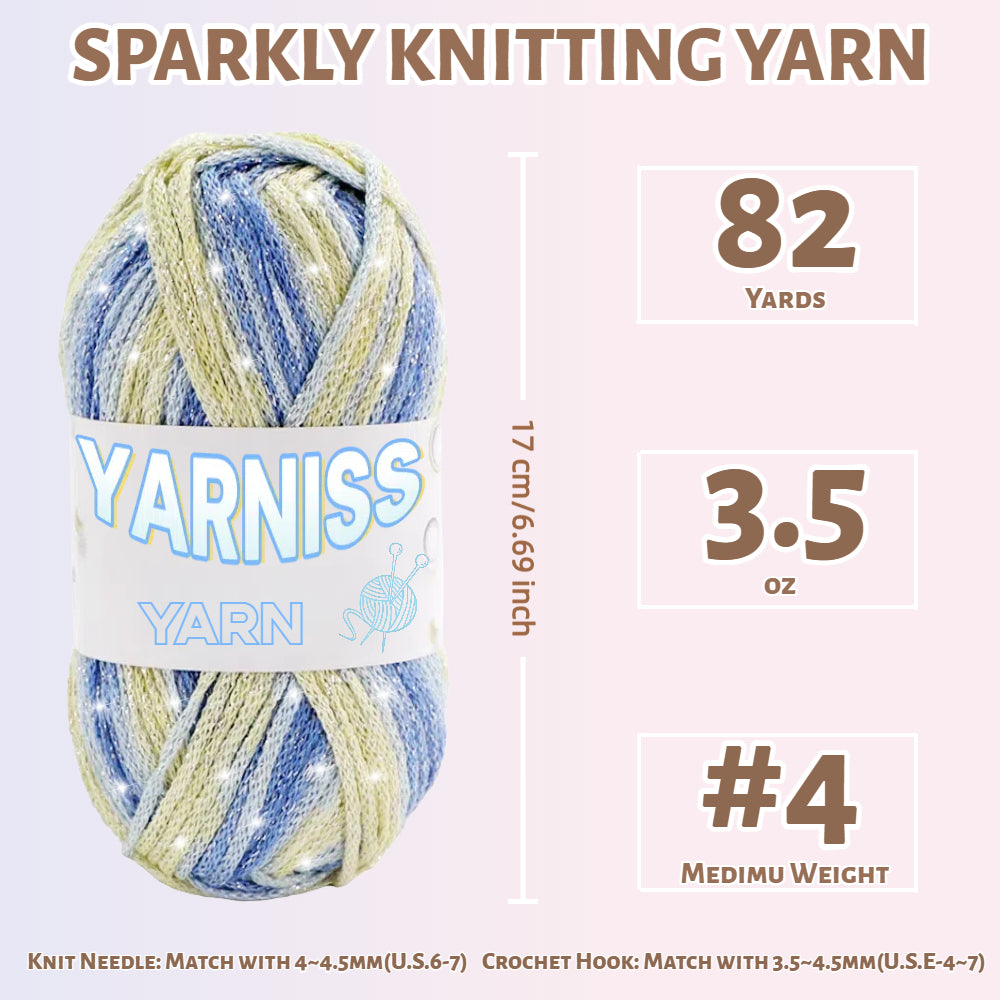 Yarniss Metallic Crochet Yarn for Knitting, 2.5mm Cotton Sparkle Yarn for Crochet Bag 3 Skeins of 100g/82yds(Blue Yellow)