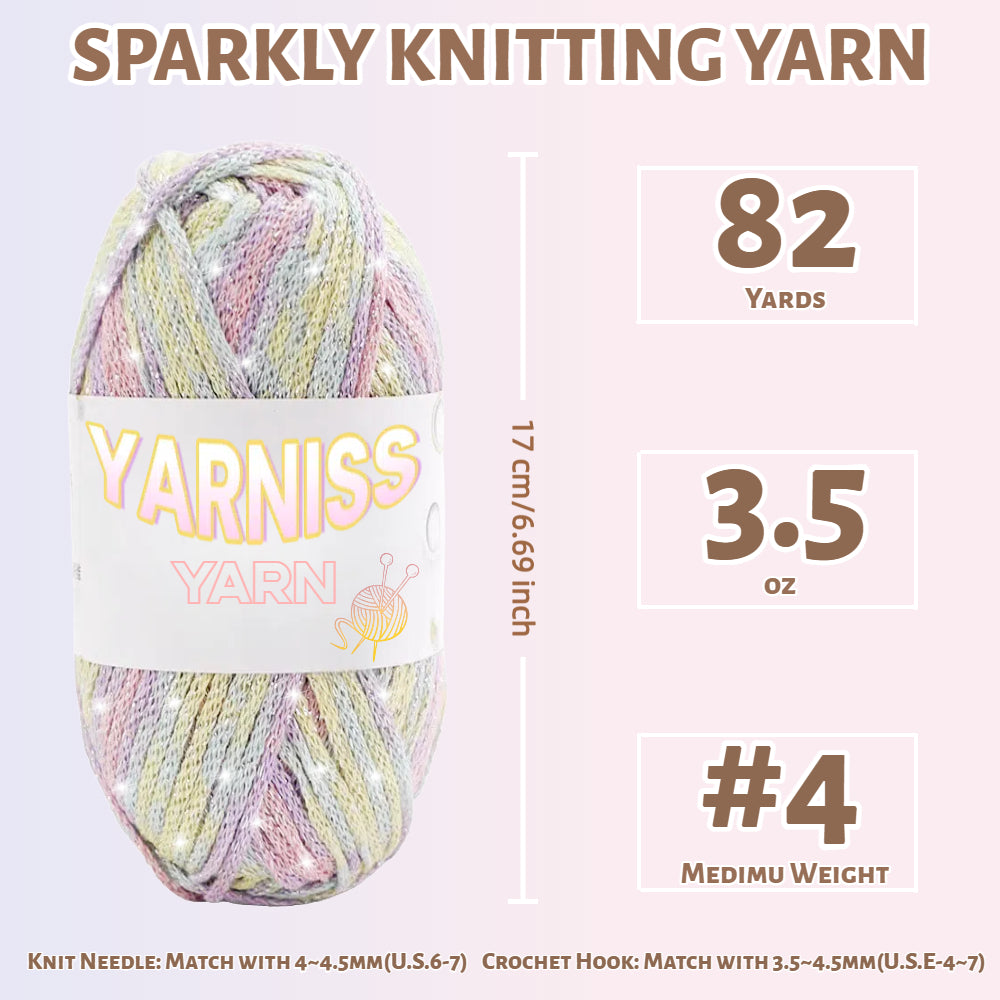 Yarniss Metallic Crochet Yarn for Knitting, 2.5mm Cotton Sparkle Yarn for Crochet Bag 3 Skeins of 100g/82yds(Rainbow Color)