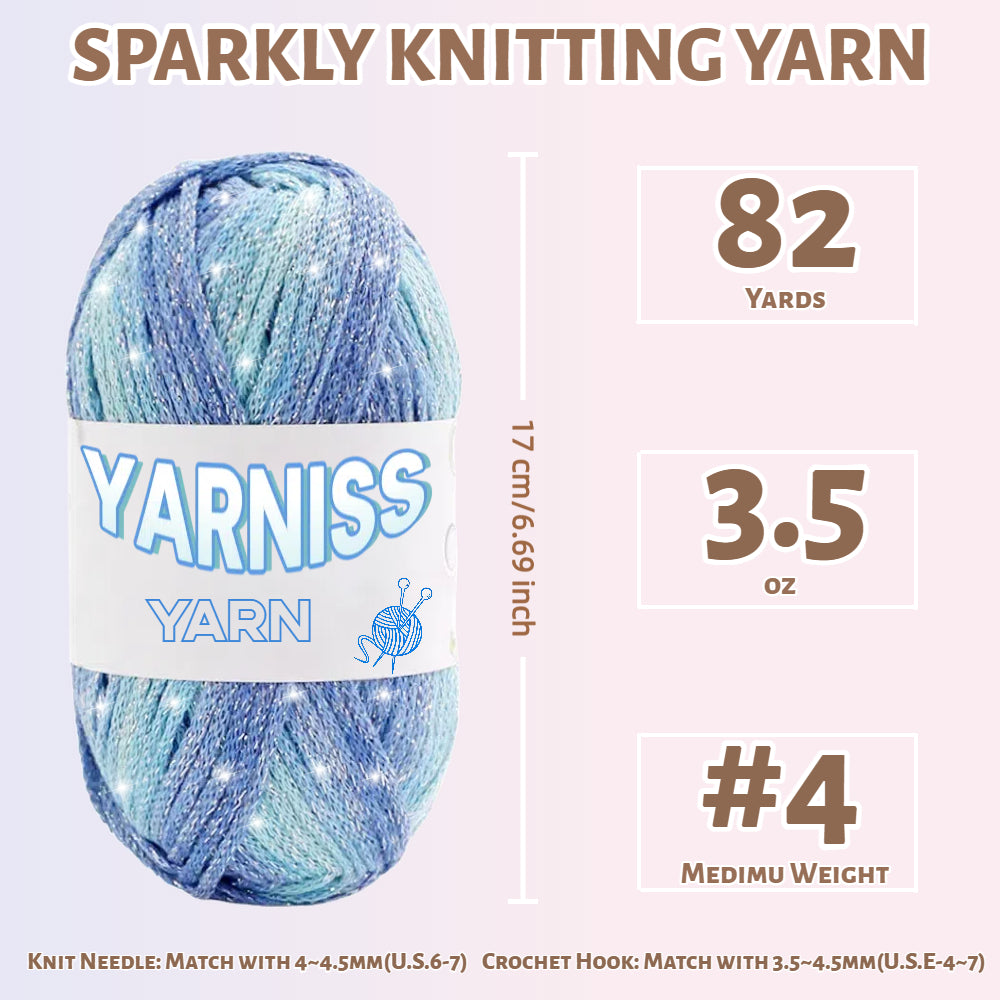 Yarniss Metallic Crochet Yarn for Knitting, 2.5mm Cotton Sparkle Yarn for Crochet Bag 3 Skeins of 100g/82yds(Blue)