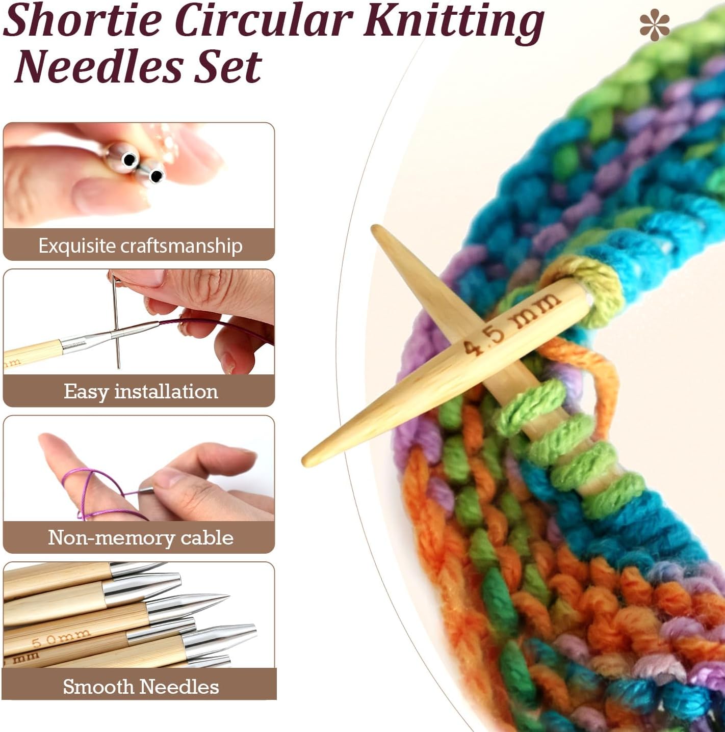 Yarniss 10 Size Shortie Circular Knitting Needles Set with Case 3.25~6.5mm,2 & 3.15 Inch Bamboo Interchange Knitting Needles with 4Pcs Flexible Cables