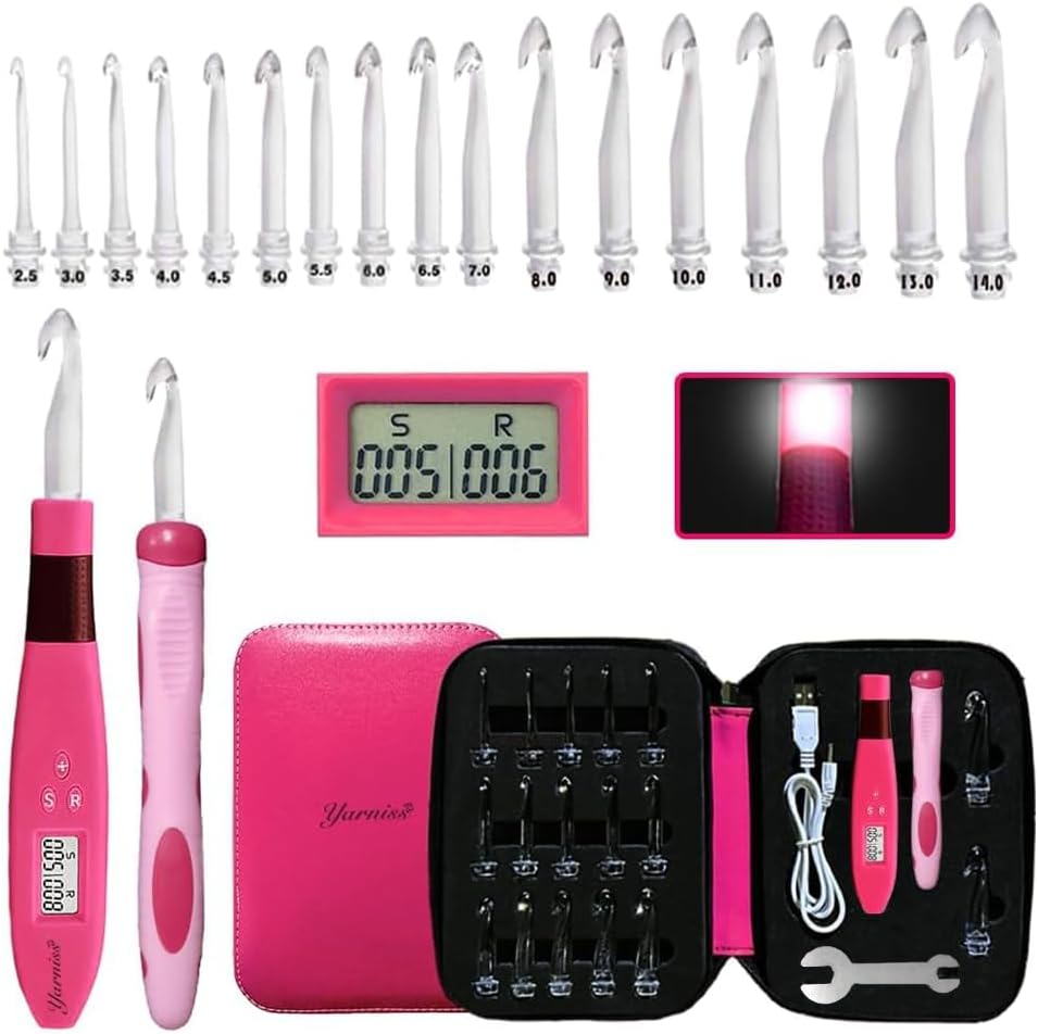 Yarniss Counting Crochet Hooks with Light, Digital Counter Crochet Hooks Set with Case (2~14mm/2.5~14mm)