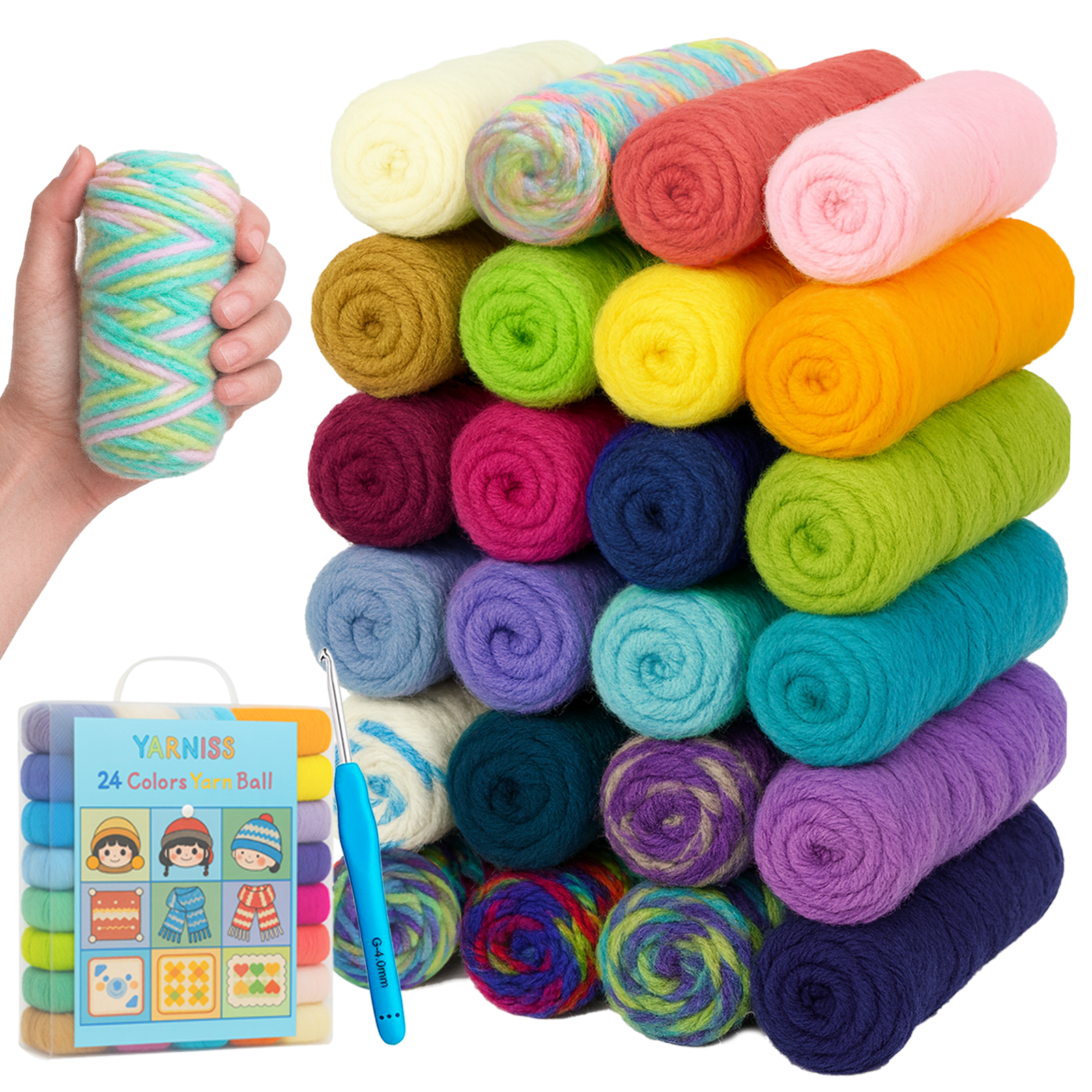 Yarniss Crochet Yarn Kits, 1312 Yards Acrylic Crochet Yarn for Crafts,24 Colors Knitting Yarn Skeins with 4.0mm Crochet Hook