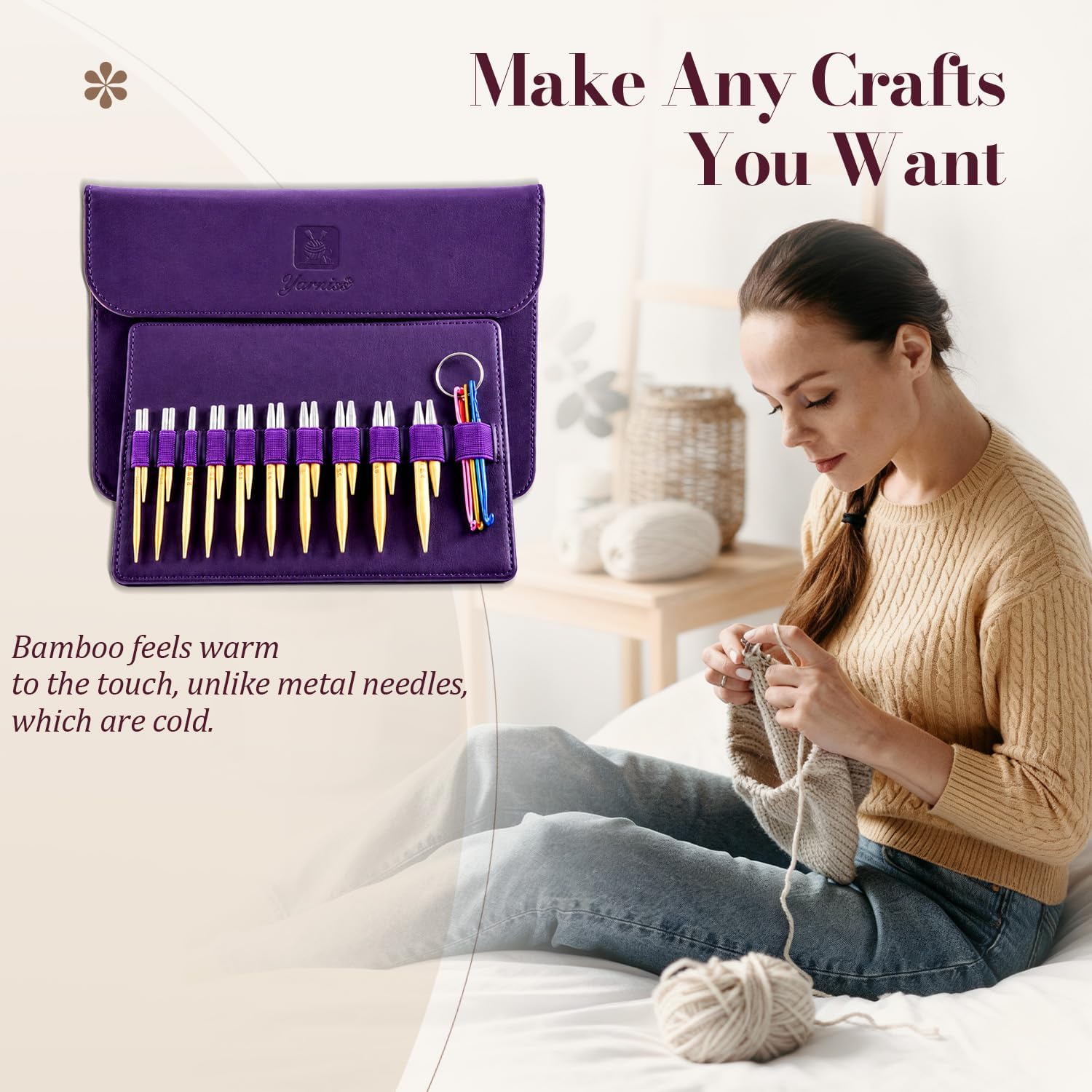 Yarniss 10 Size Shortie Circular Knitting Needles Set with Case 3.25~6.5mm,2 & 3.15 Inch Bamboo Interchange Knitting Needles with 4Pcs Flexible Cables