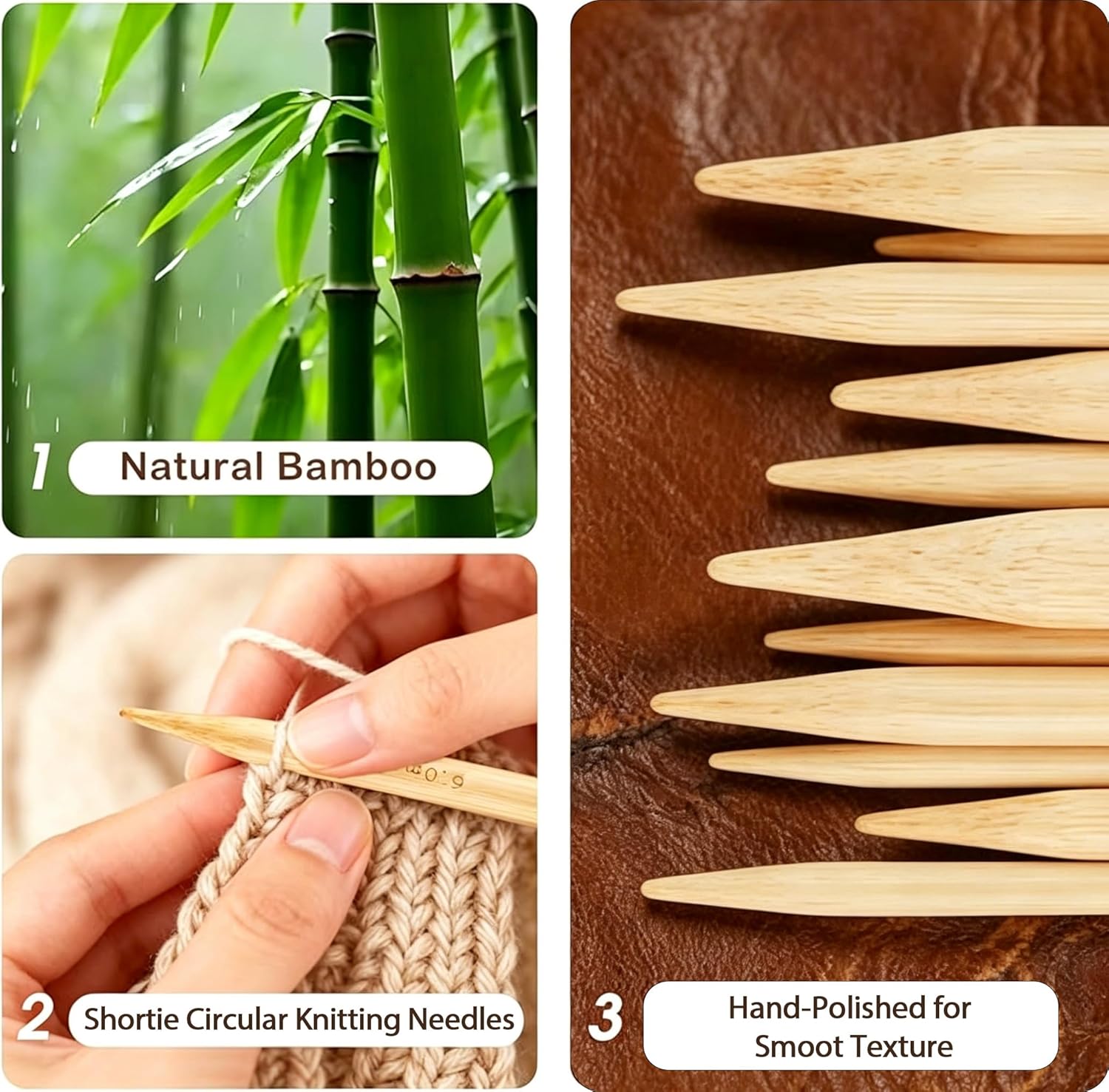 Yarniss 10 Size Shortie Circular Knitting Needles Set with Case 3.25~6.5mm,2 & 3.15 Inch Bamboo Interchange Knitting Needles with 4Pcs Flexible Cables