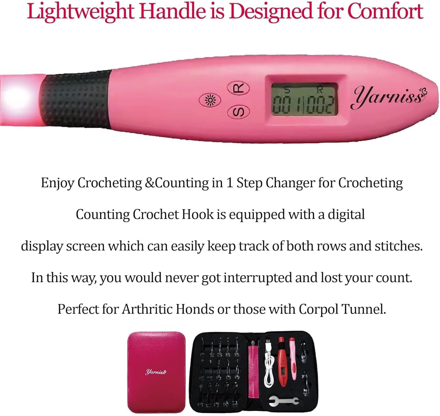 Yarniss Counting Crochet Hooks with Light, Digital Counter Crochet Hooks Set with Case (2~14mm/2.5~14mm)