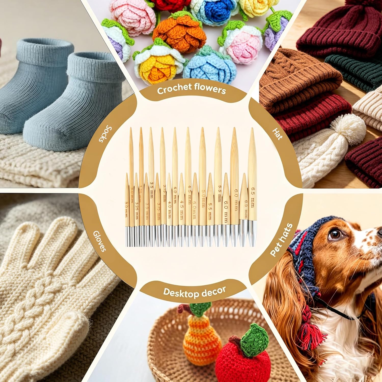 Yarniss 10 Size Shortie Circular Knitting Needles Set with Case 3.25~6.5mm,2 & 3.15 Inch Bamboo Interchange Knitting Needles with 4Pcs Flexible Cables