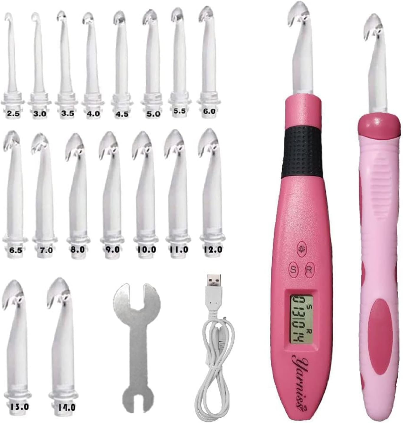 Yarniss Counting Crochet Hooks with Light, Digital Counter Crochet Hooks Set with Case (2~14mm/2.5~14mm)