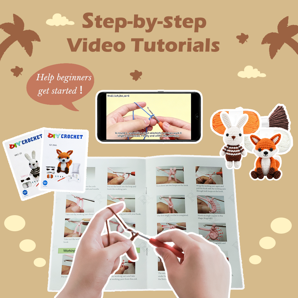 Yarniss Animal Crochet Kit for Beginners-2-Piece Little Rabbit and Fox Crochet Starter Kit with Step-by-Step Video Tutorials, DIY Craft Gifts