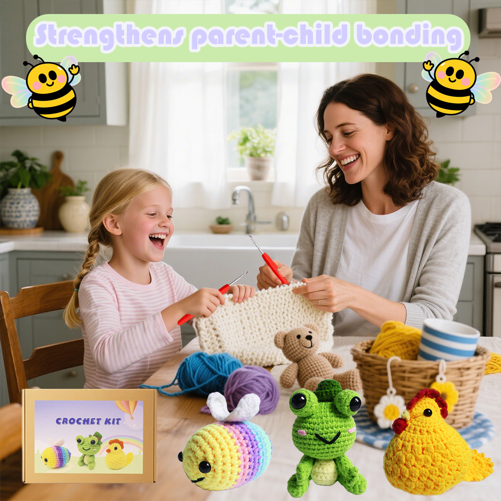 Yarniss Crochet Kit for Beginners,DIY Crochet Animal Kits for Bee,Frog,Chicken