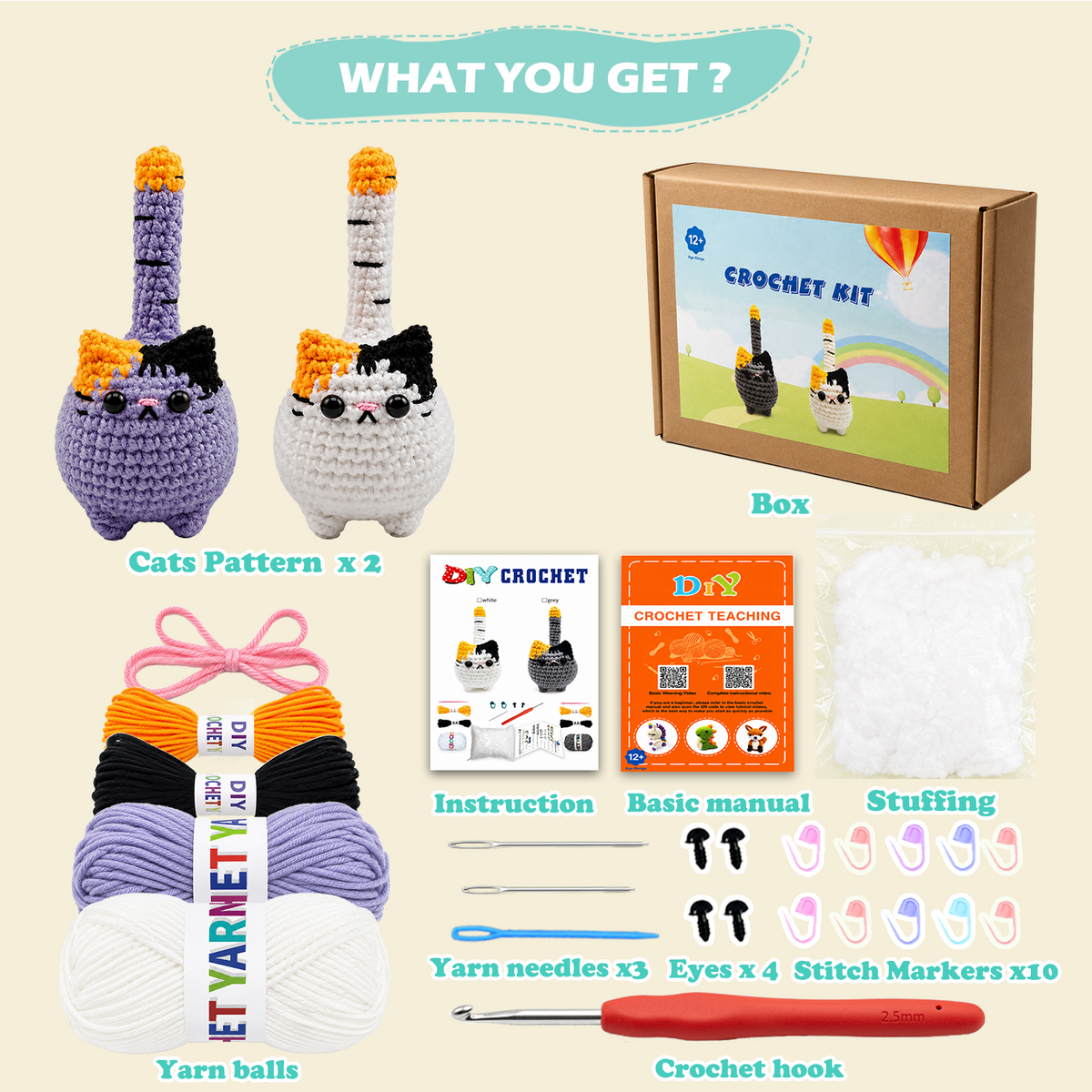 Yarniss Beginner Crochet Kit 2-Piece Cat Crochet Kit Complete with Video Tutorials