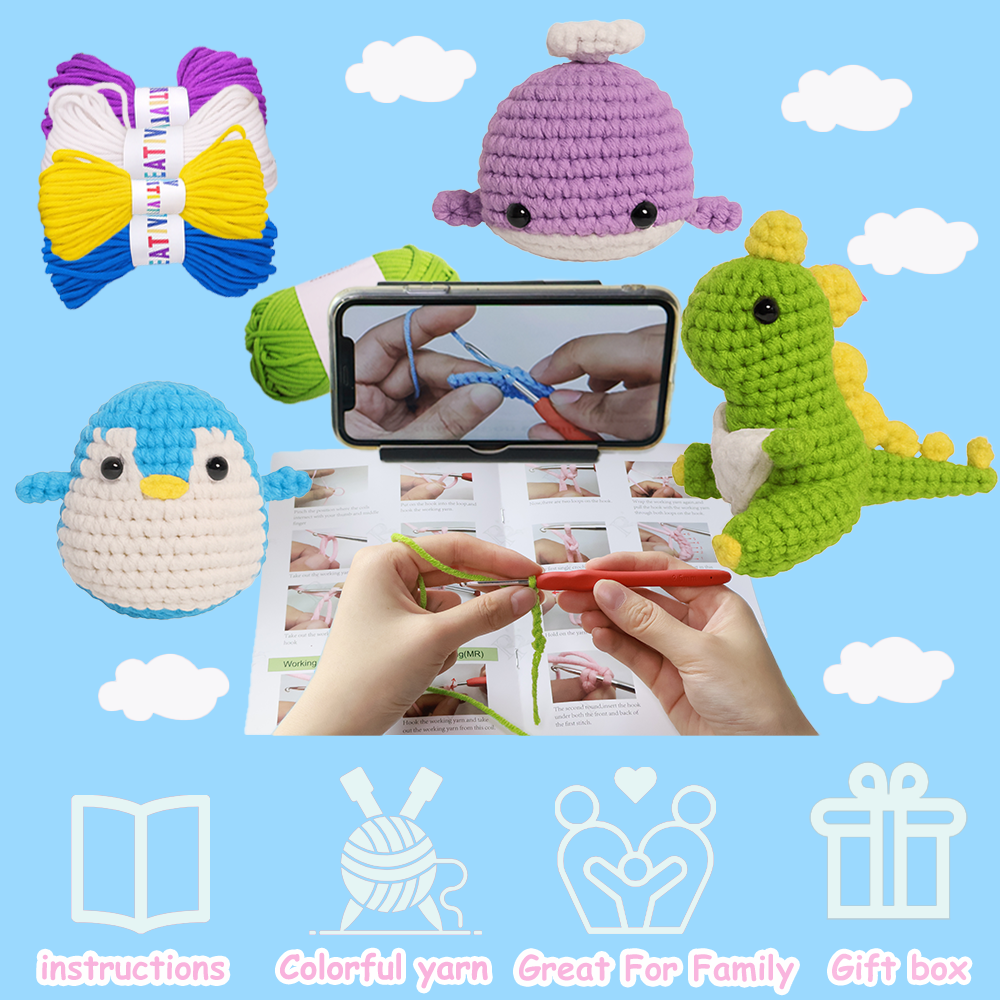 Yarniss Crochet Kit for Beginners,Easy Arts and Crafts Knitting & Crochet Animals Kit,Complete Kit Included ( Penguin,Whale,Dinosaur)