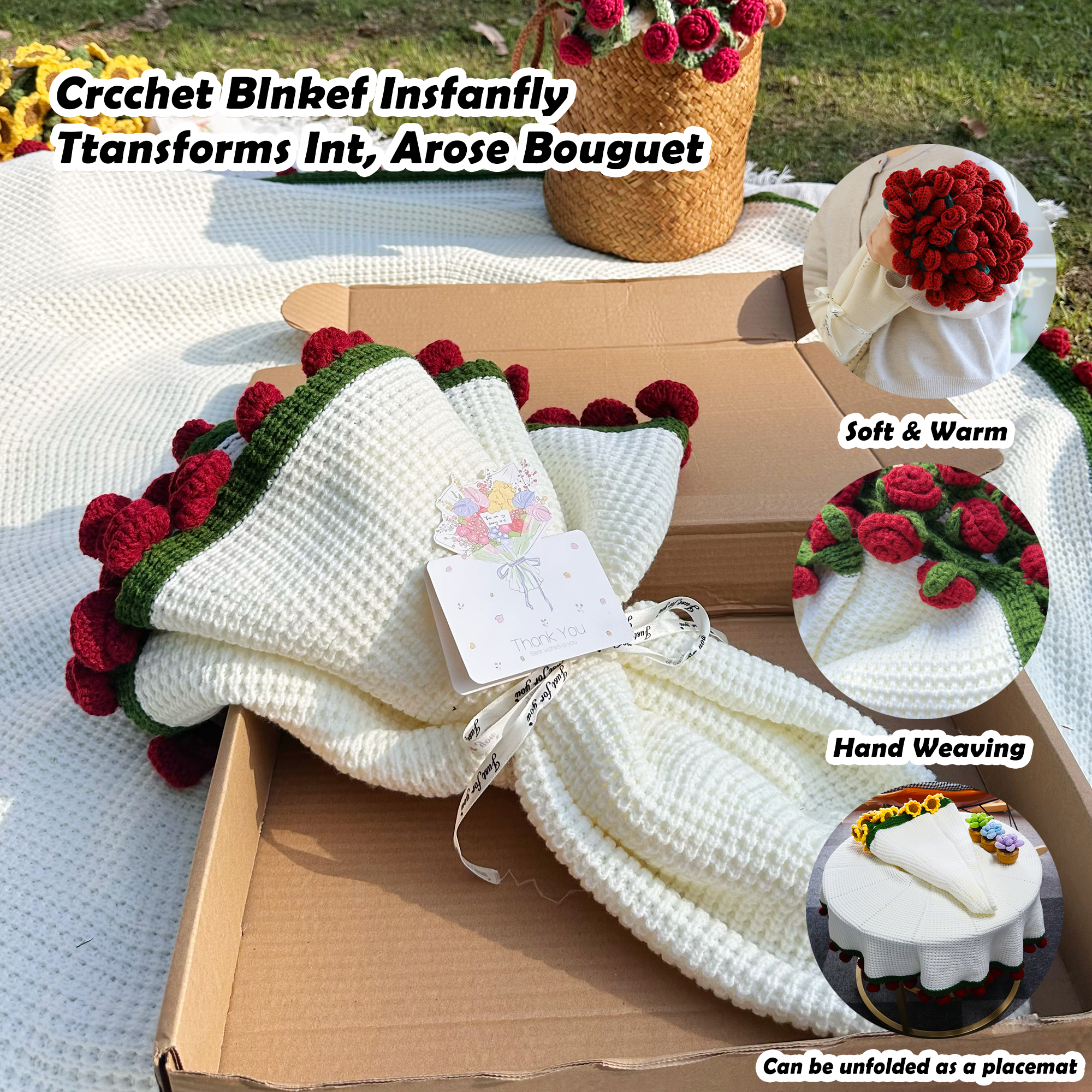 Yarniss Crochet Rose Bouquet Blanket 49"x49", Handmade Flower Blanket, Round Floral Blanket Gifts for Birthday &Valentine Day