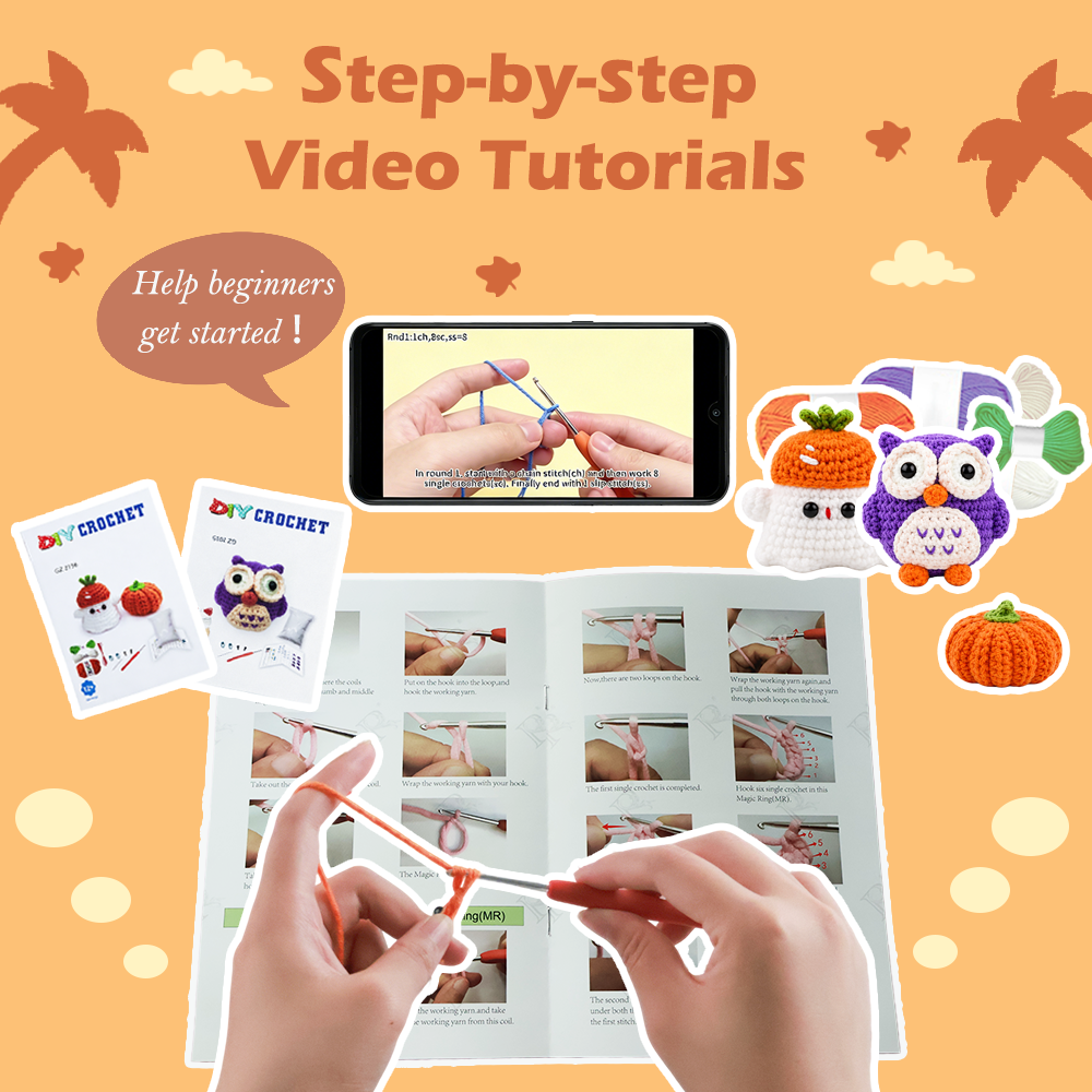 Yarniss Crochet Kit for Beginners-3 Pcs Animal Crochet Kit with Little Pumpkin, Little Ghost and Owl-Crochet Kits for Adults Beginner with Video Tutorials