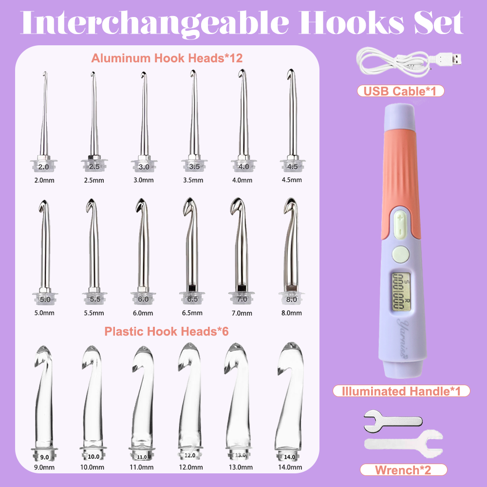 Yarniss Crochet Hooks with Counter 2.0mm-14.0mm,18 Size Digital Counting & Lighted Crochet Hooks Set with Case