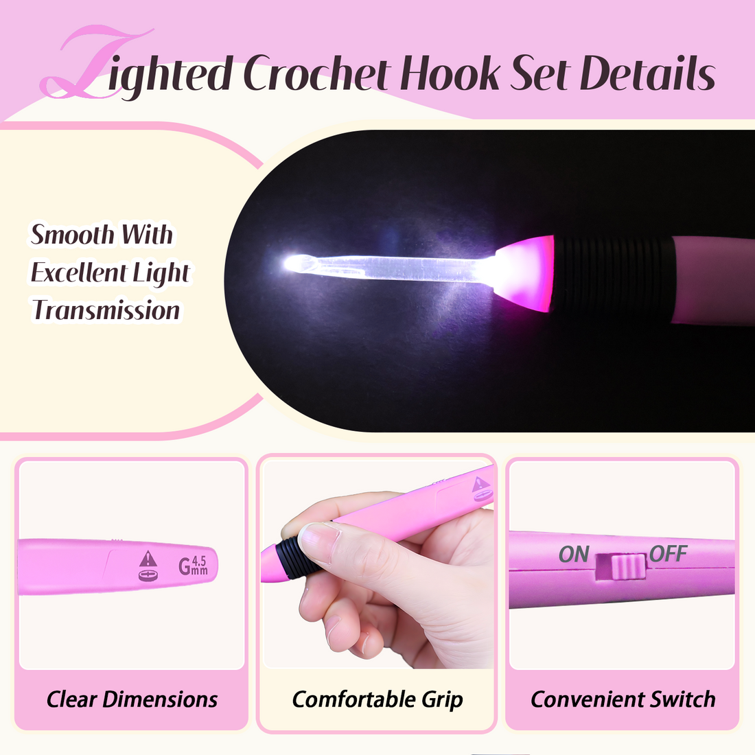 Yarniss Light Crochet Hooks Set with Case,9 Size Light Up Crochet Hooks with Battery 2.5mm~6.5mm,Glow in Dark Crochet Needle Set