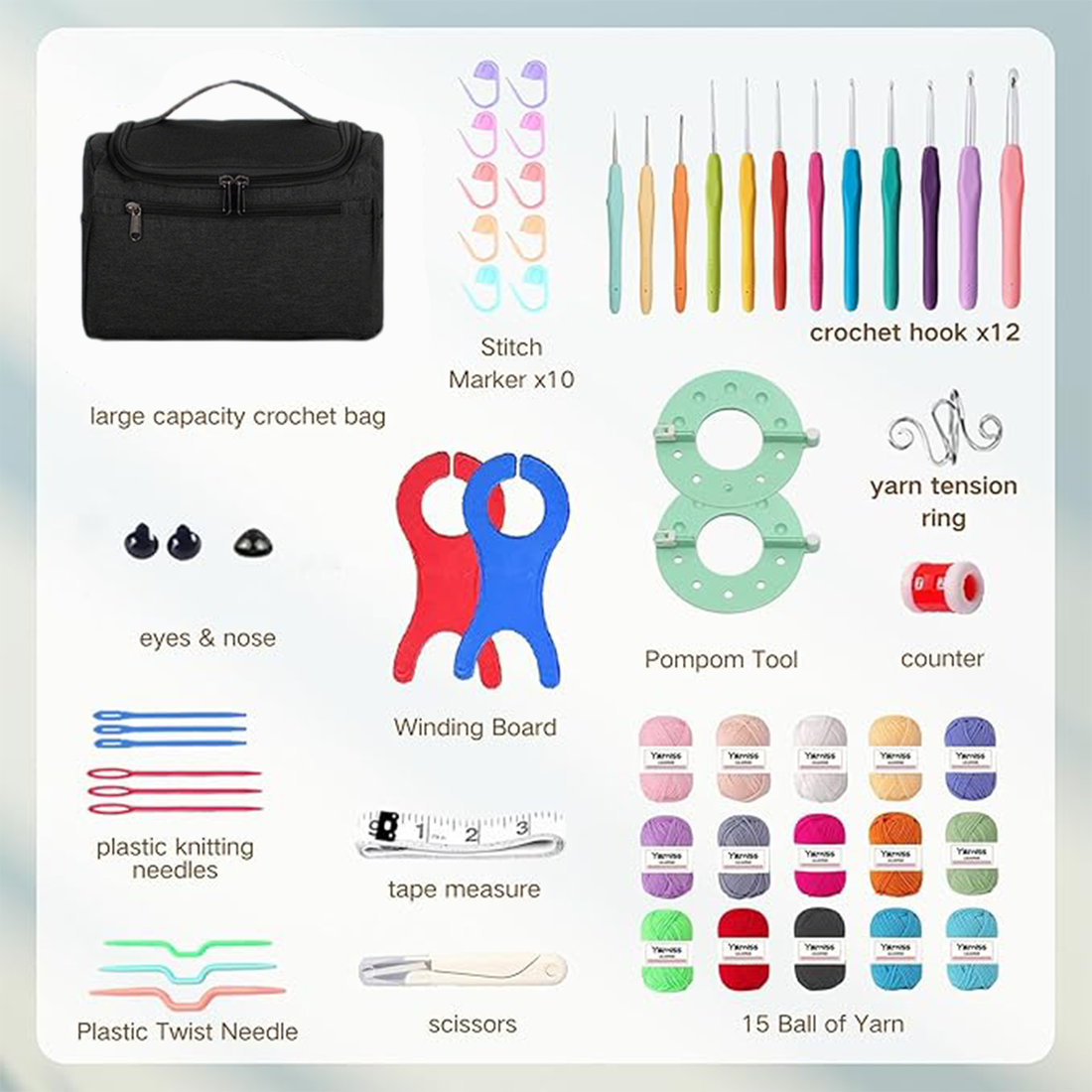 Yarniss Crochet Kit for Beginners with a Crochet Instruction,12 Ergoromic Crochet Hooks,15 Assorted Colors Yarn Balls and Crochet Accessories Set