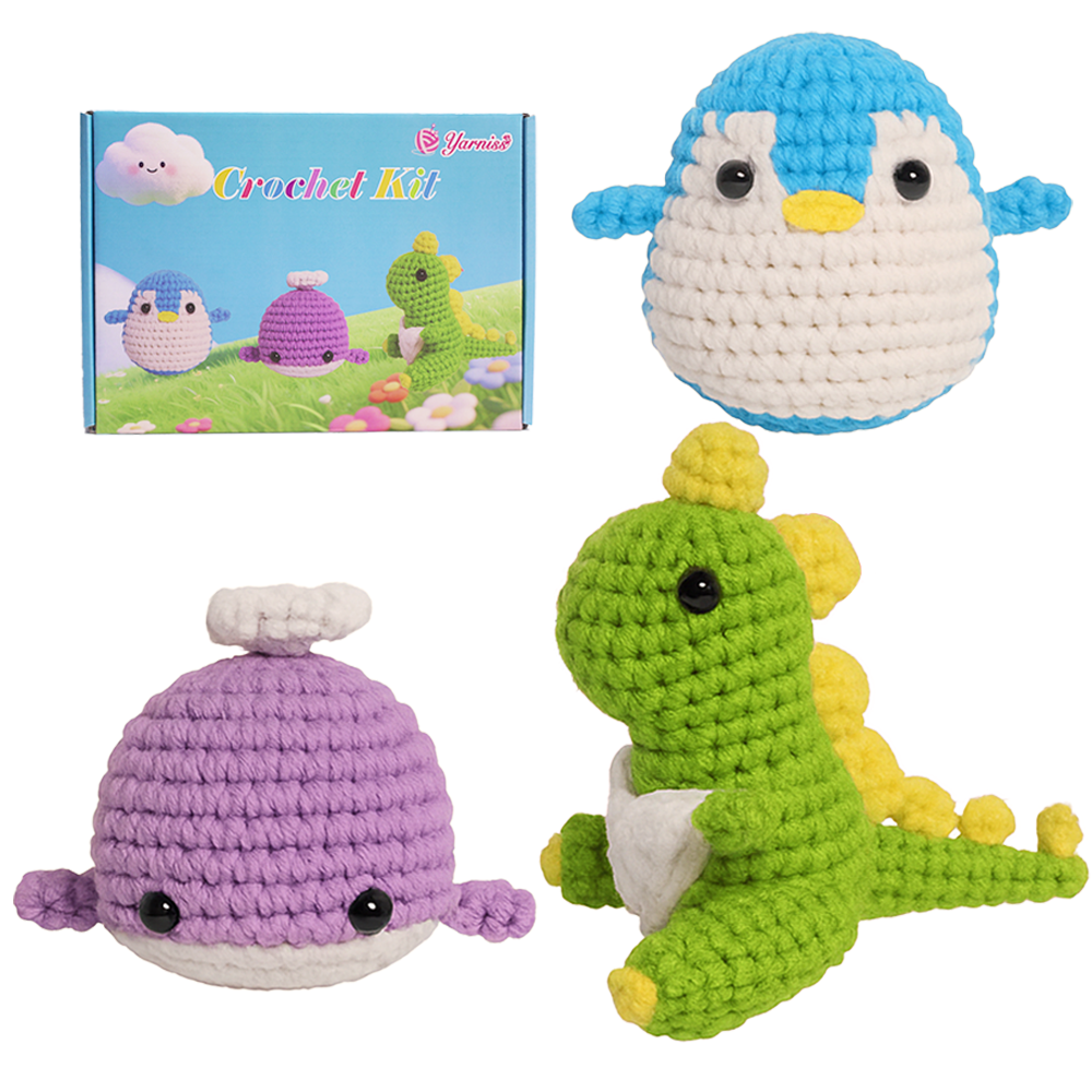 Yarniss Crochet Kit for Beginners,Easy Arts and Crafts Knitting & Crochet Animals Kit,Complete Kit Included ( Penguin,Whale,Dinosaur)