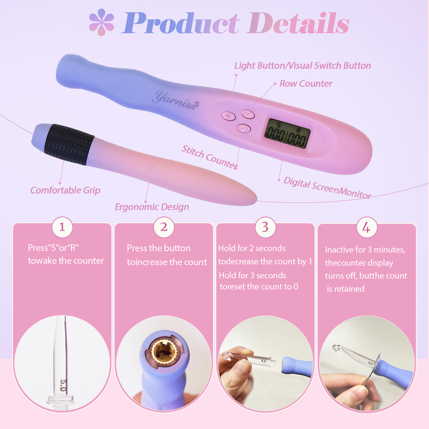 Yarniss Light Up Metal Head Crochet Hooks 2.5-6.5mm,2 Size Lighted Knitting Needles Set 4.25mm 5.0mm, Includes 2 Extra USB Rechargeable Heads with Case