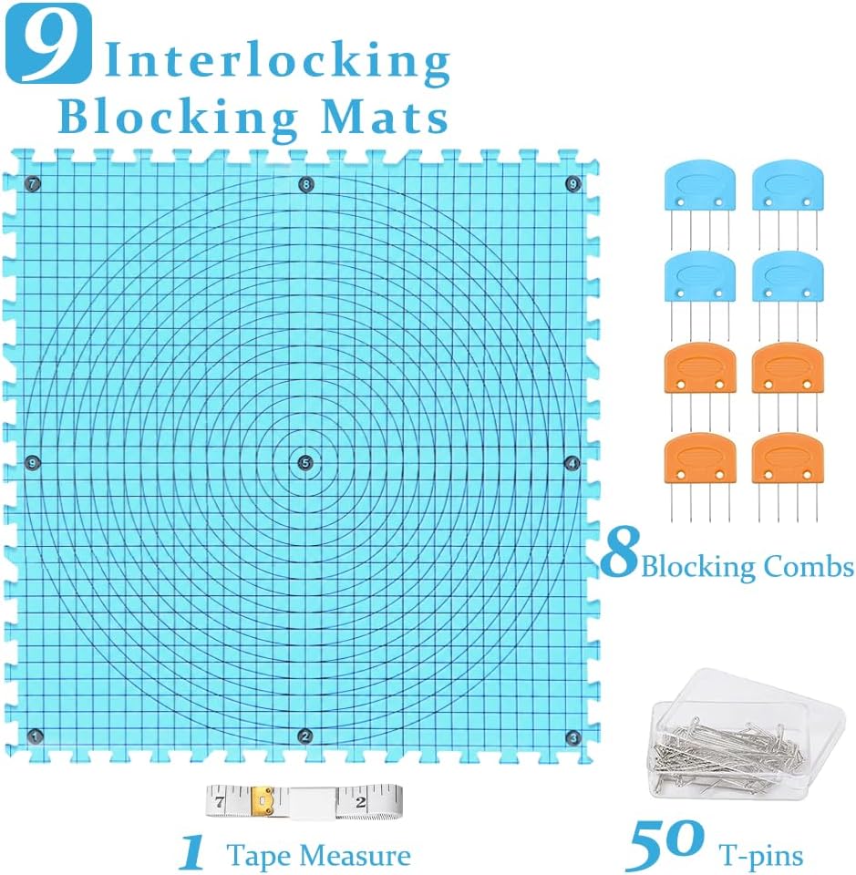 Yarniss Blocking Mats for Knitting & Crochet, 9PCS Interlocking Blocking Boards with Grids & Circle Line, 12" x 12" Crochet Blocking Board with 50 T-Pins, 8 Blocking Combs，Light Blue