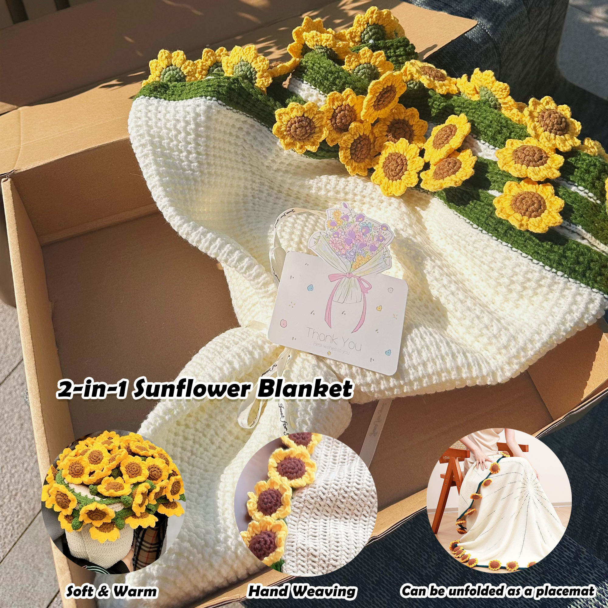 Yarniss Finished Crochet Sunflower Bouquet Blanket,49 Inch Round Sunflower Floral Knitted Gift,Hand Crocheting Blanket(52pcs Petals)