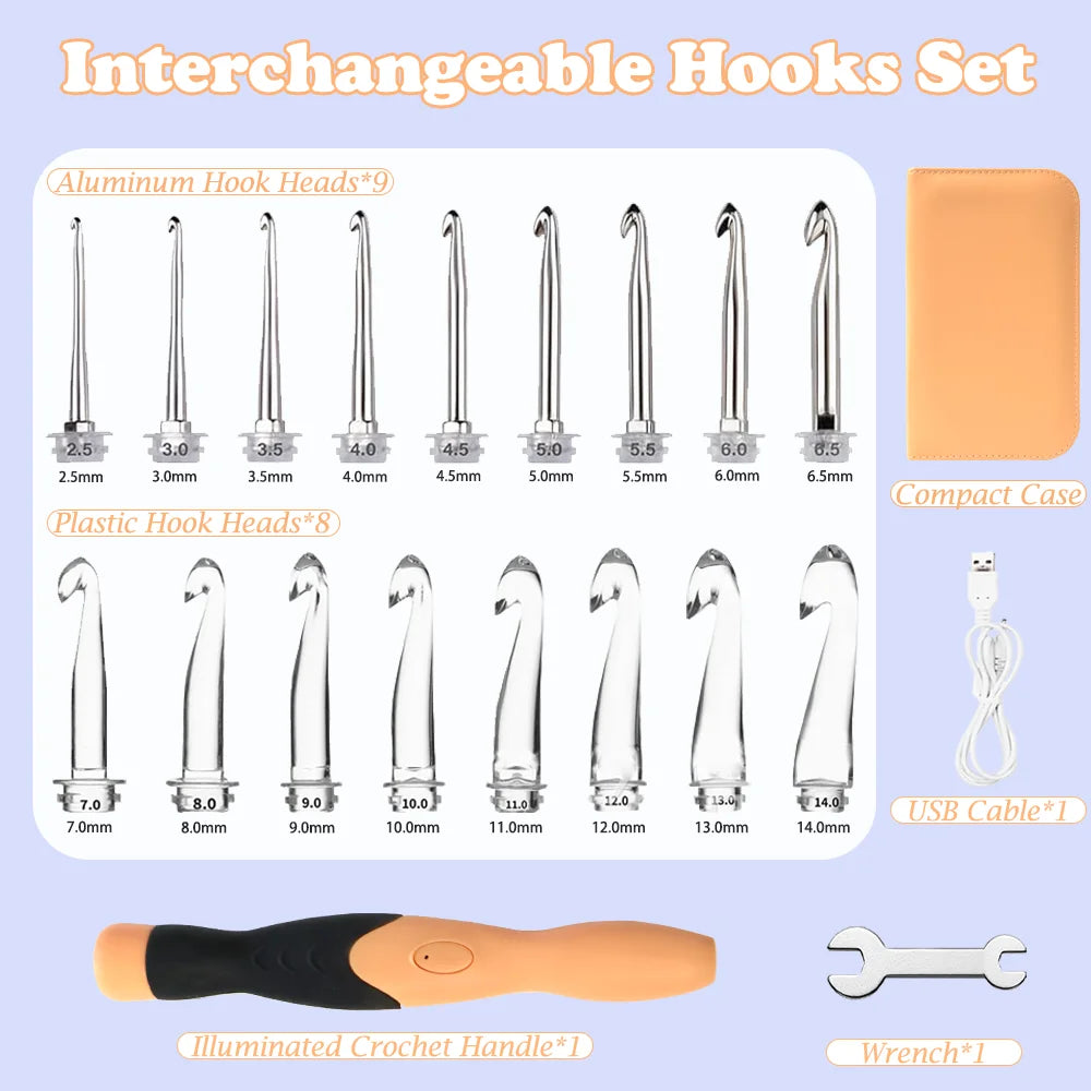 Yarniss 17 Size Lighted Crochet Hooks Set 2.5 mm to 14.0 mm, Plastic&Metal Rechargeable Light Up Crochet Hooks with Case