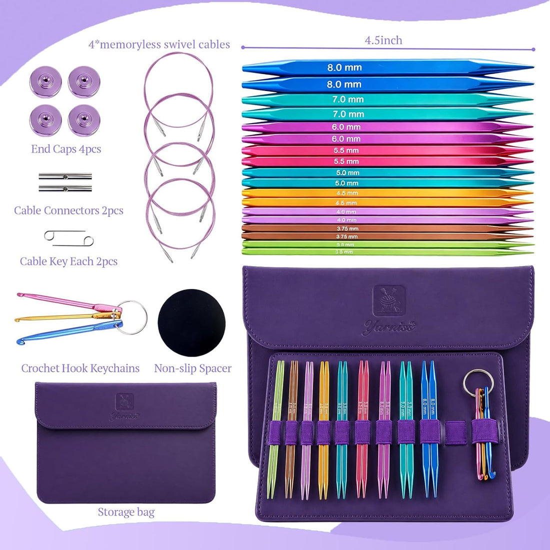 Yarniss 9 Pairs Square Circular Knitting Needles Set US 2.5~11, Interchangeable Knitting Needles Set,4.5" Aluminum Cubic Tips with 4 Flexible Cables&Storage Case