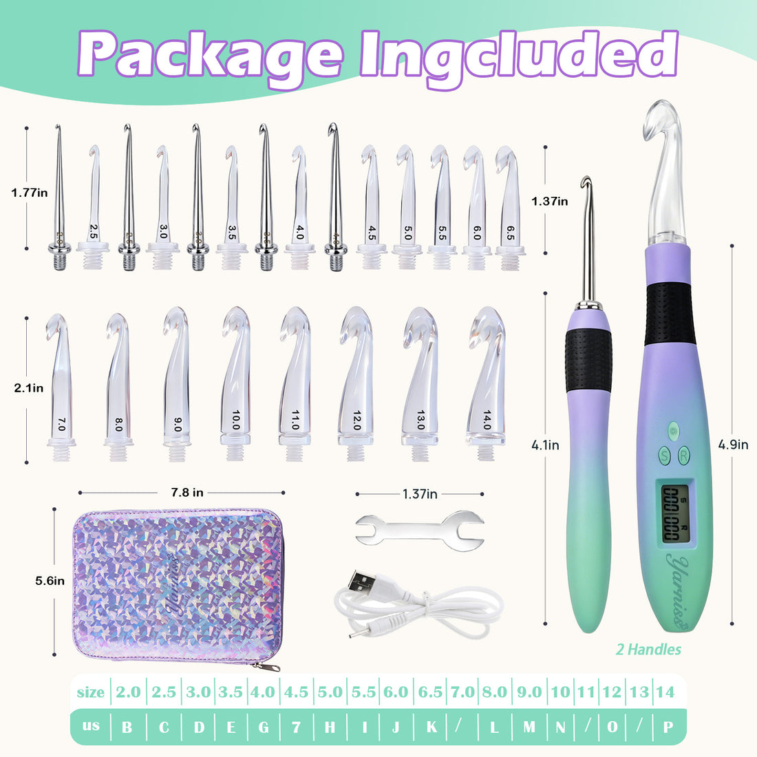 Yarniss 22 in 2 Lighted Counting Crochet Hook Set with Spiral Handle 2.0~14.0mm, Rechargeable Light Up Crochet Hook with Stitch Counter &amp; Case, Colorful Purple
