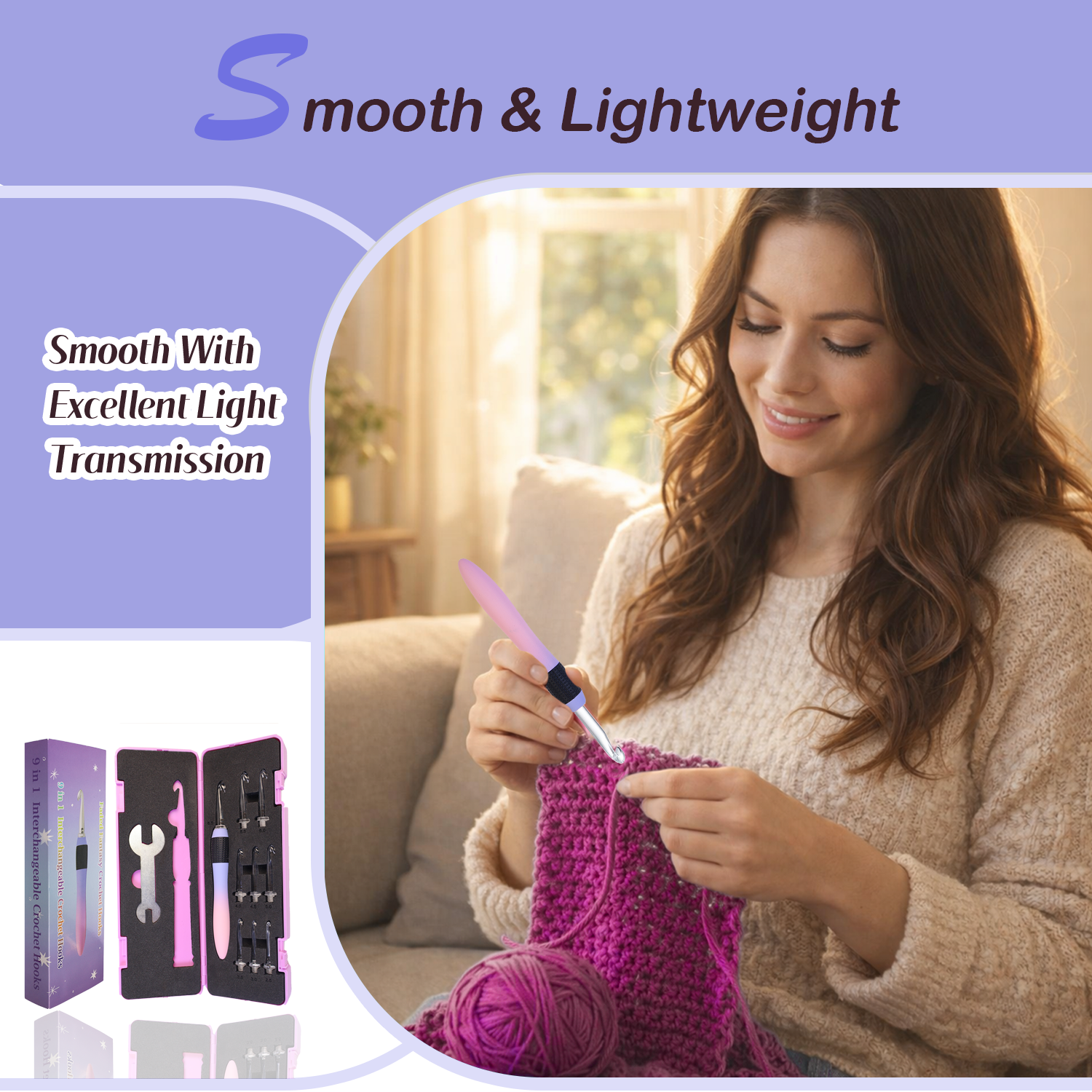 Yarniss Crochet Hooks Set, 9 Sizes 2.5mm-6.5mm Interchangeable Crochet Hooks with Screw Handle, Gradient Purple Ergonomic Comfort Grip, Comes with Wrench & Storage Case