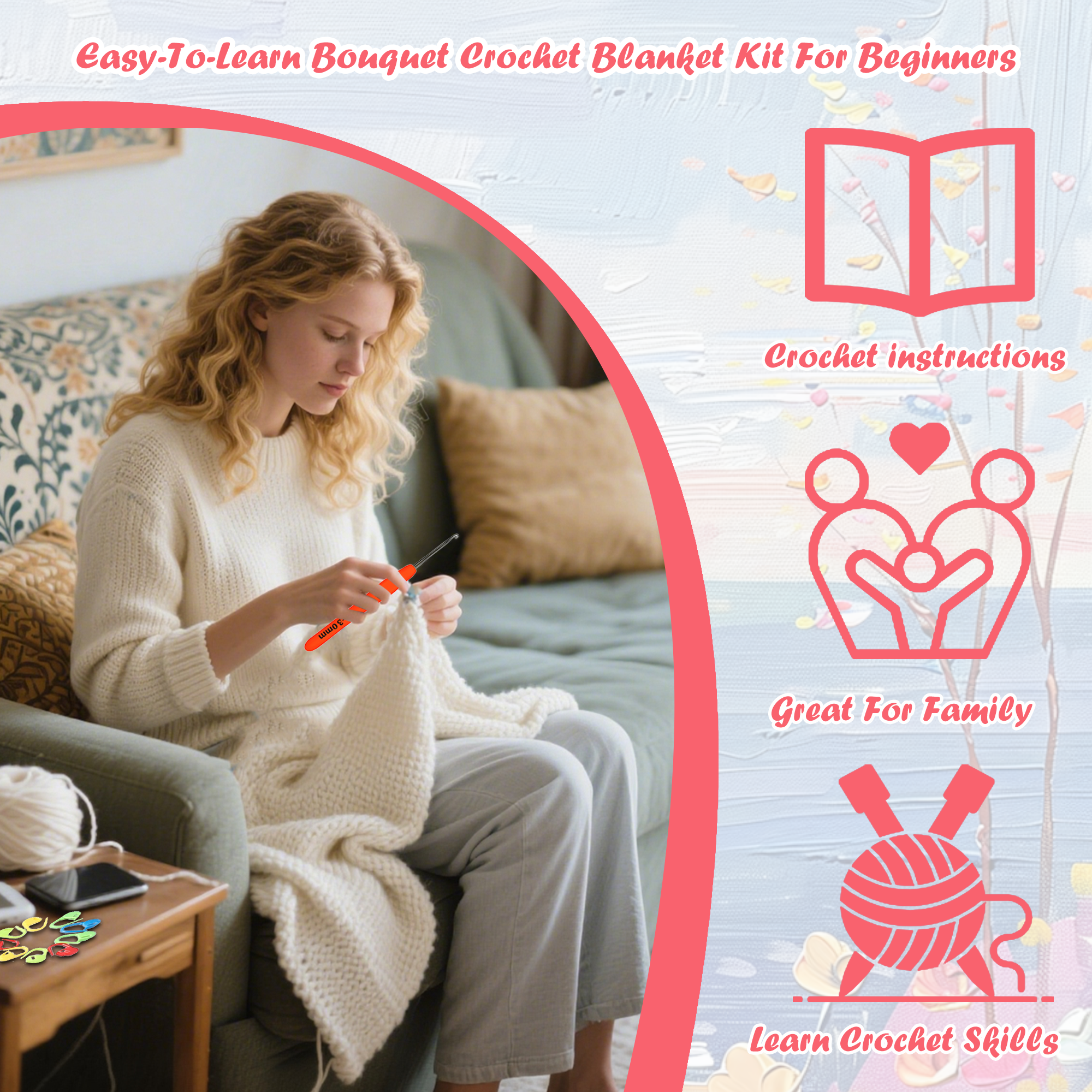 Yarniss DIY Crochet Rose Bouquet Blanket Kit, All-Inclusive 70cm Handmade Craft Kit with Yarn, Hooks & Patterns Materials Pack of Floral Blanket for Craft Lovers