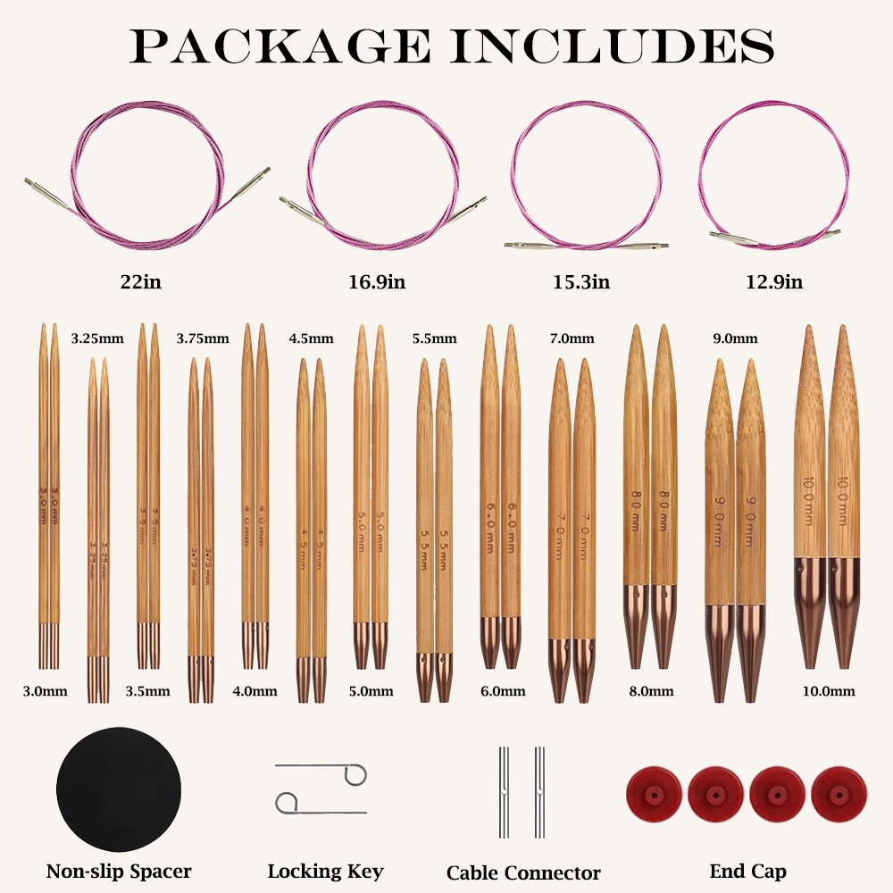 Yarniss Bamboo Circular Knitting Needle with Case,13 Pair Interchangeable Knitting Needles with Flexible Cables 3.5mm~10.0mm, 4-Inch Round Knitting Needle US Size 2.5~15
