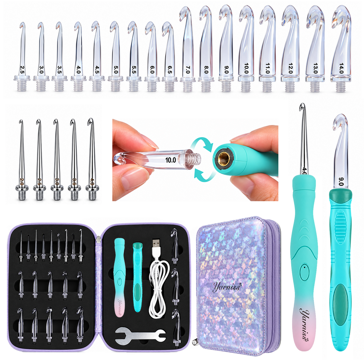 Yarniss Lighted Crochet Hooks Set with Copper Screw Knob Handle, Light Up Metal Crochet Hooks with Ergonomic Handle