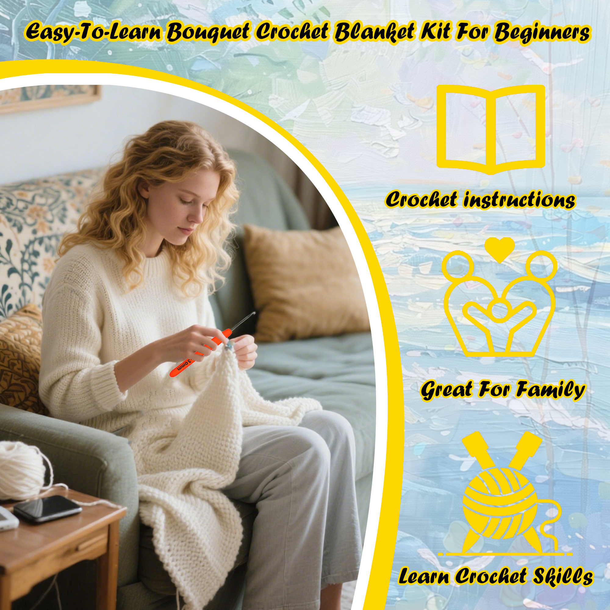 Yarniss Crochet Kit for Blanket, Sunflower Blanket Kit with Instruction & Step-by-Step Video Tutorial, Floral Blanket Set for Beginner