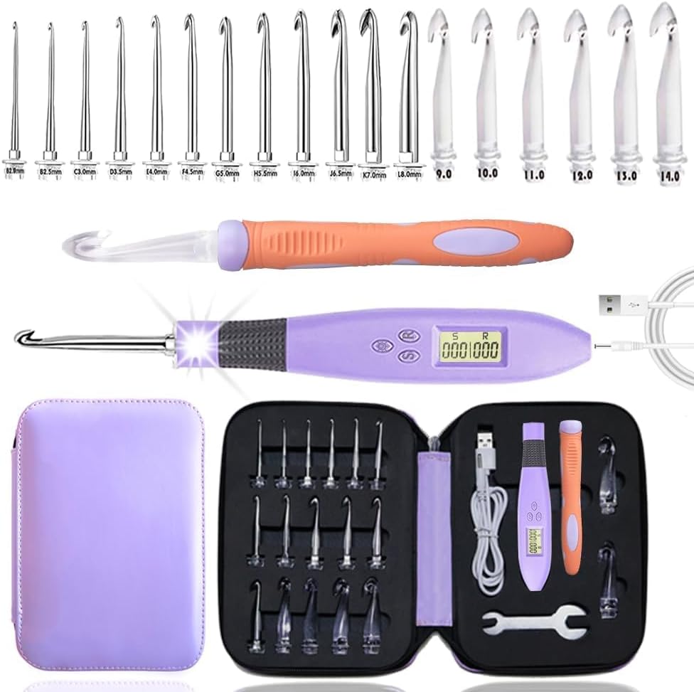 Yarniss Counting Crochet Hooks with Light, Digital Counter Crochet Hooks Set with Case (2~14mm/2.5~14mm)